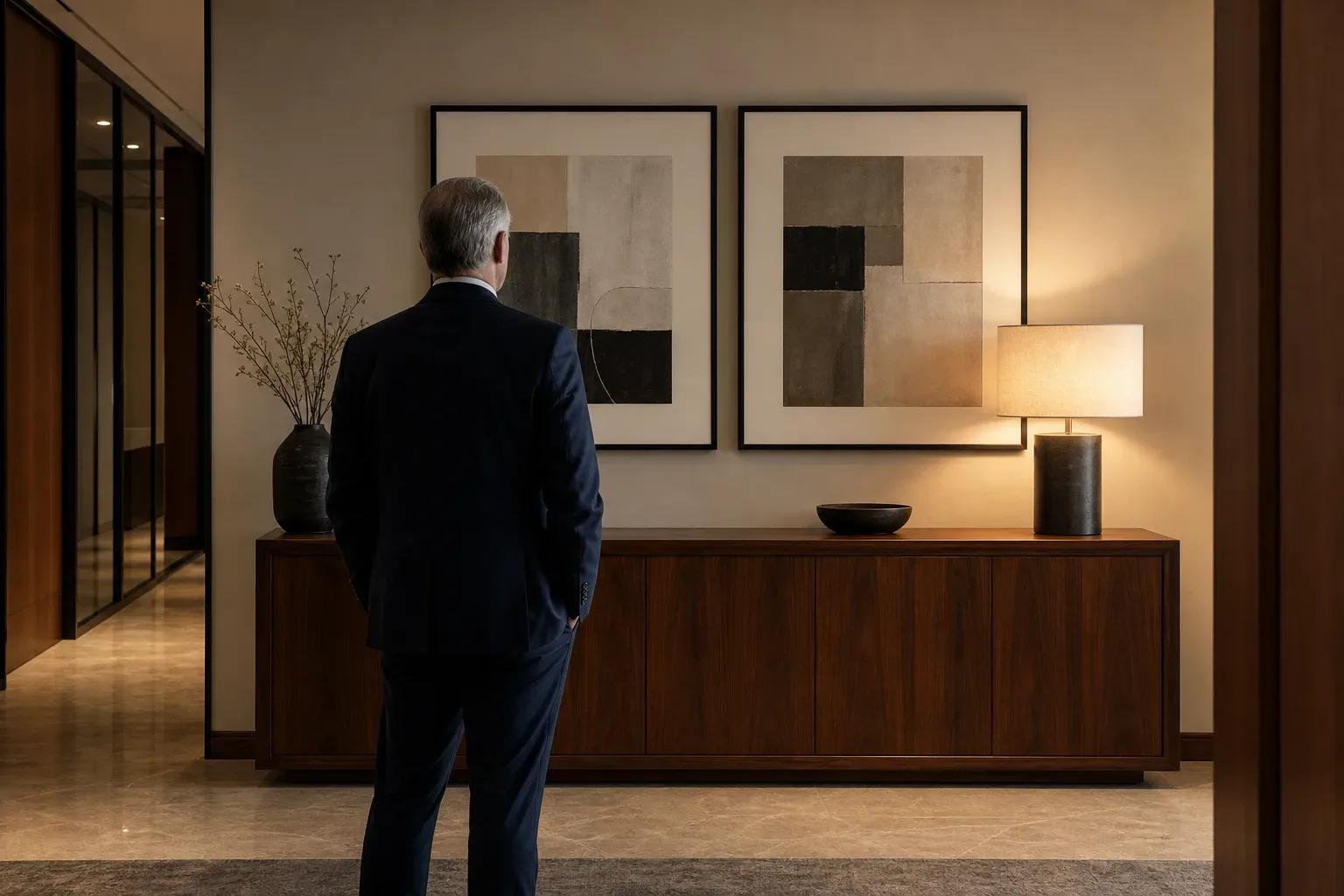 A low timber credenza beneath framed abstract prints in a firm corridor, a law firm partner seen from behind centred in warm lamp light, the credenza and prints in clear focus ahead of them.