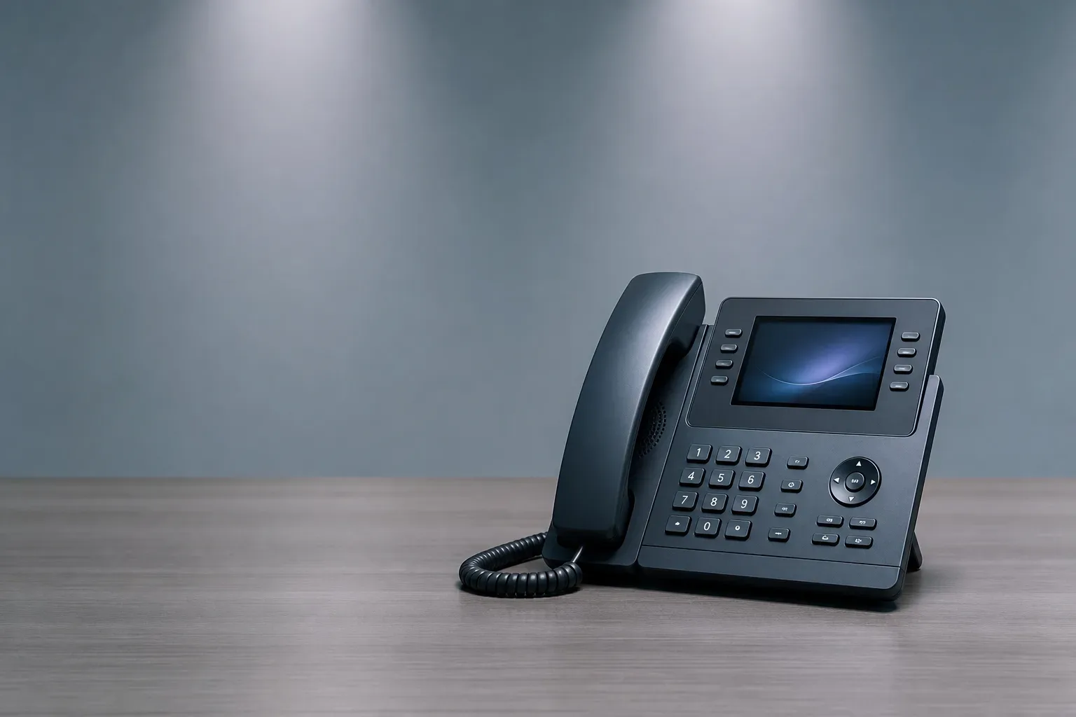 A desk phone with its handset resting in the cradle on a clear desk surface, a wide view with cool ambient light from above, no person in frame, the phone the sole object on the desk.