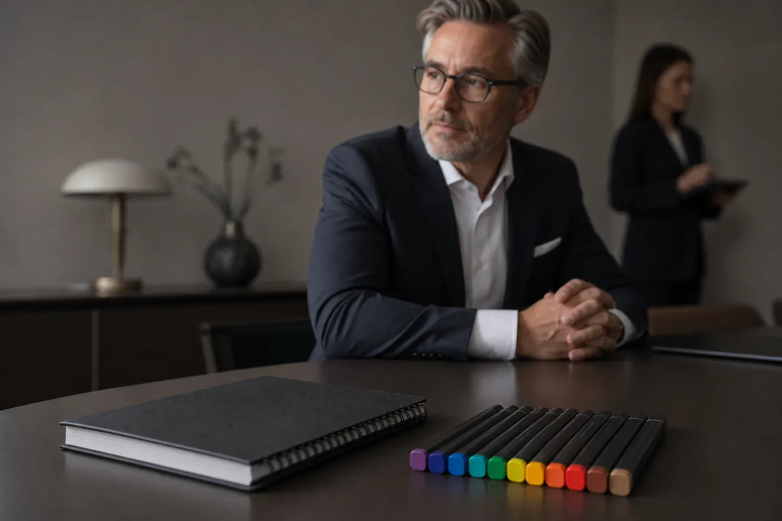 A set of capped markers lined up beside a closed spiral-bound planning pad on a work surface, a law firm partner in soft side light at the mid distance in sharp focus, a second figure softly blurred in the background, the markers and pad in clear focus in the foreground of the frame.