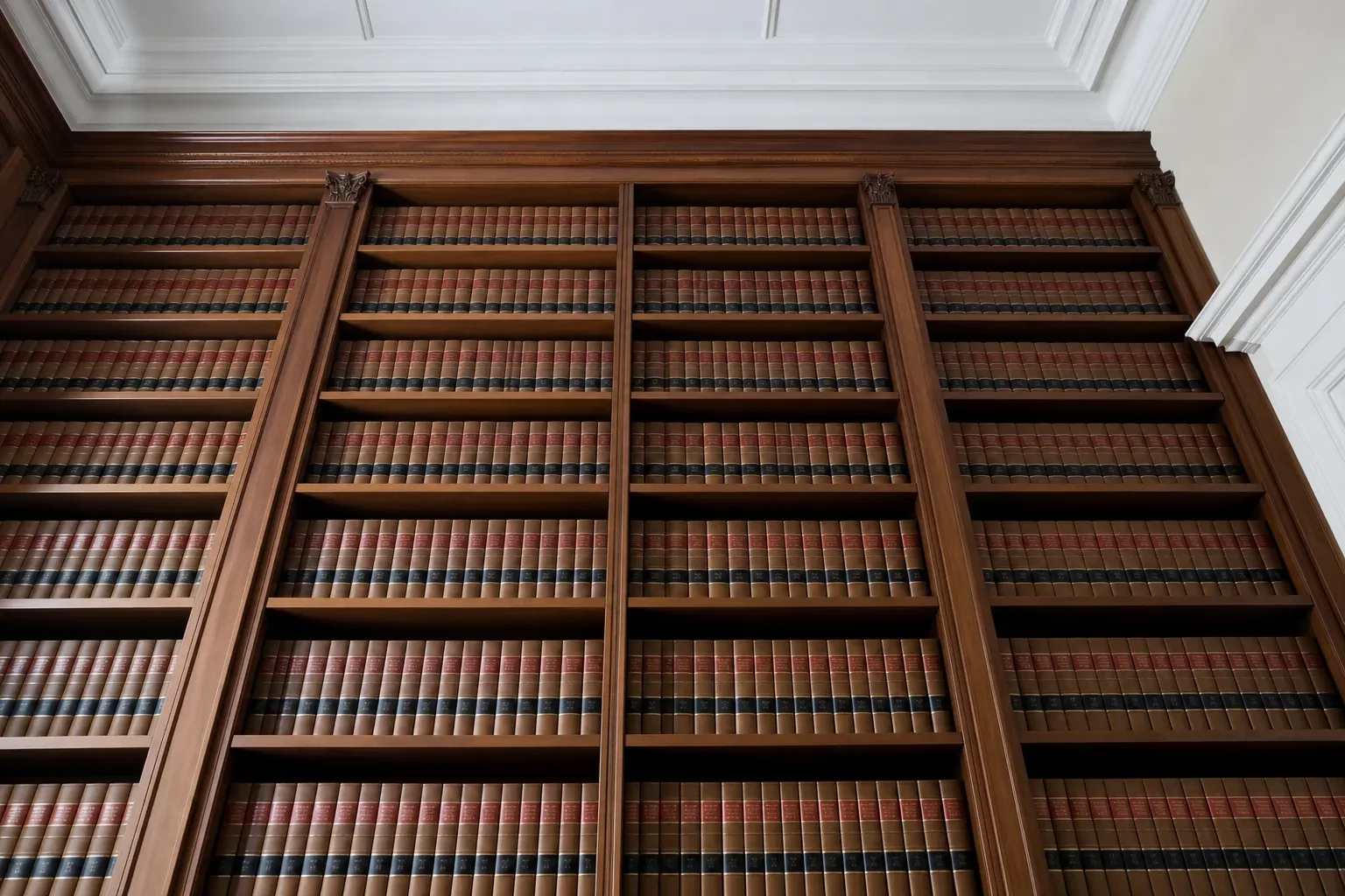 A floor-to-ceiling shelf of uniform bound law reports in a firm reference library, shot from a low angle looking upward in calm even daylight, no person in frame, the volumes arrayed in silence filling the frame from floor to ceiling.