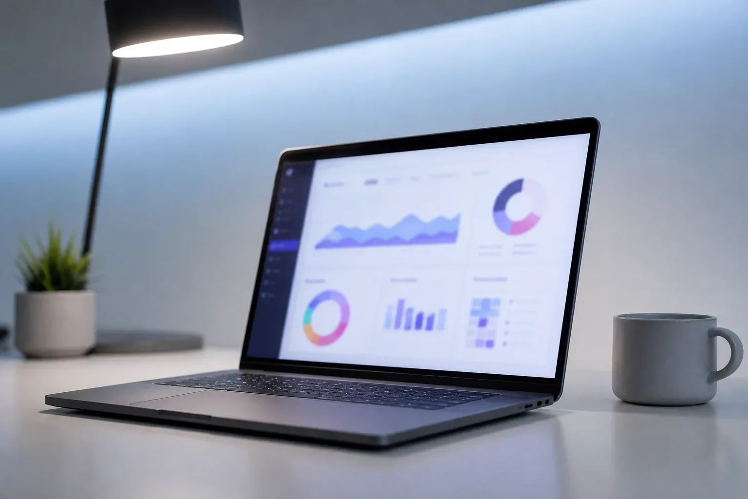 A half-open laptop with a blurred analytics interface glowing on its screen rests on a clear work surface, a wide view with cool ambient light from above, no person visible, the screen showing abstract campaign dashboard panels.