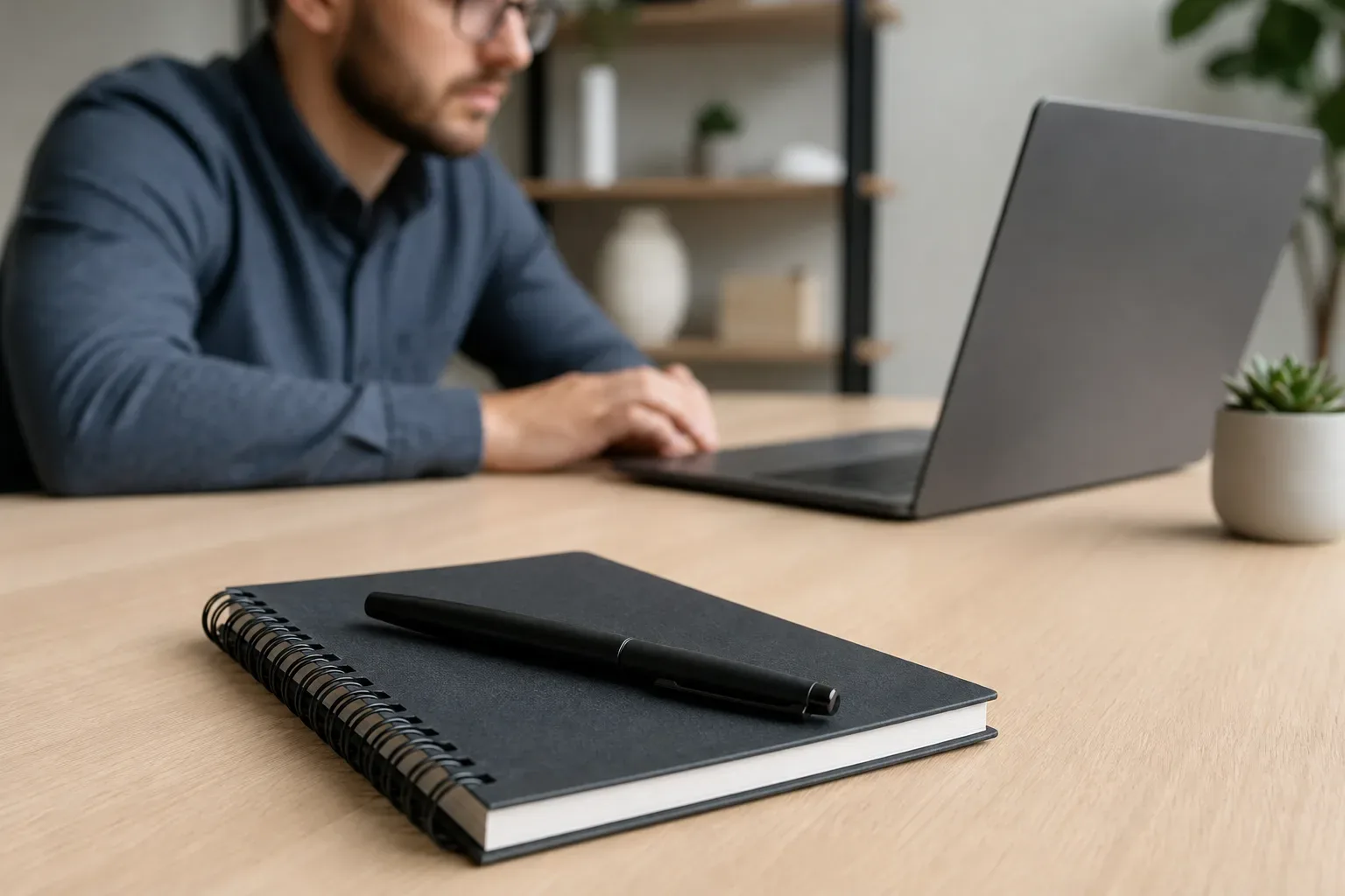 A person wearing glasses works at a laptop on a wooden desk, with a closed spiral notebook and a capped pen resting on it in the foreground