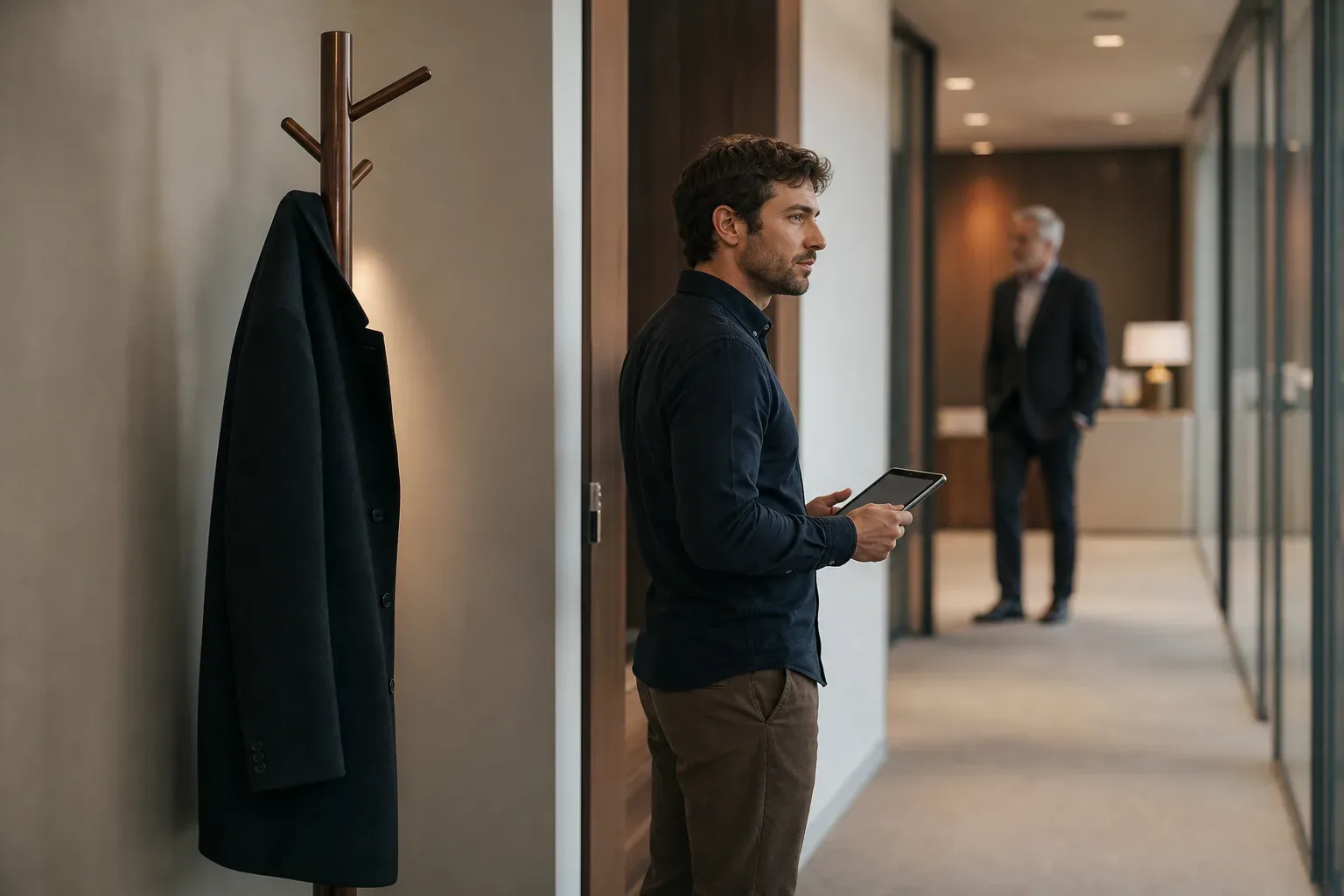 A tall wooden coat stand near a firm entrance with a single dark overcoat hanging from it, a digital marketing strategist in soft side light at the mid distance in sharp focus, a law firm partner softly blurred in the background of the reception corridor.