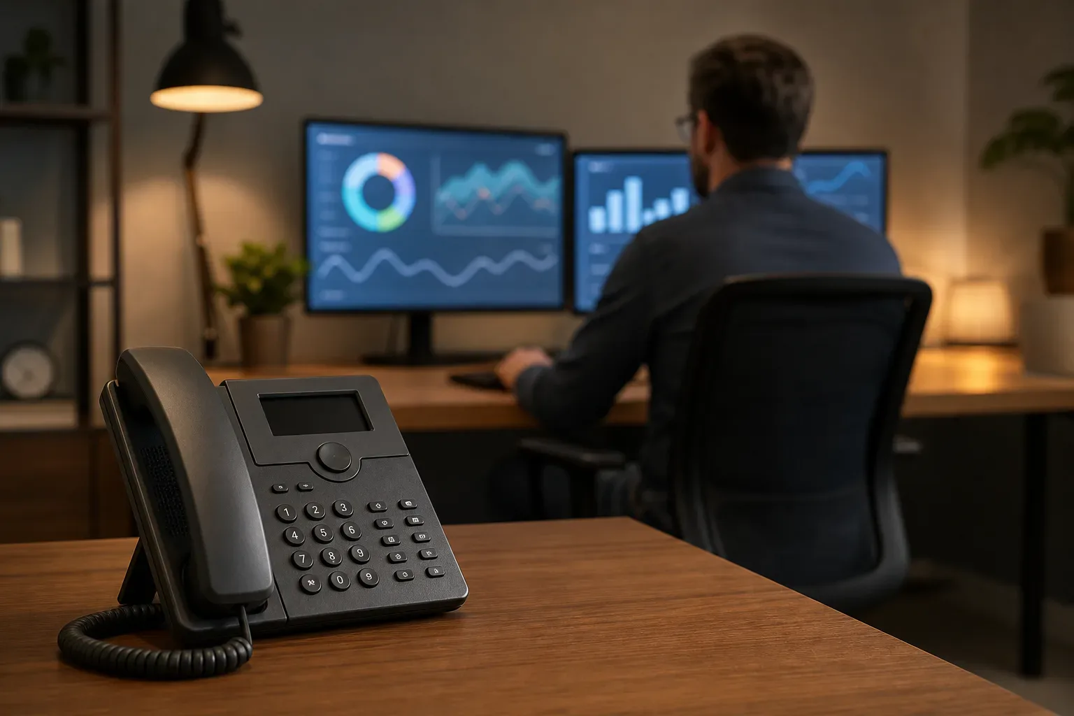 A desk phone with its handset resting in the cradle on a clear desk, a PPC campaign manager seen from behind centred in warm lamp light, the phone console in clear focus in the foreground.
