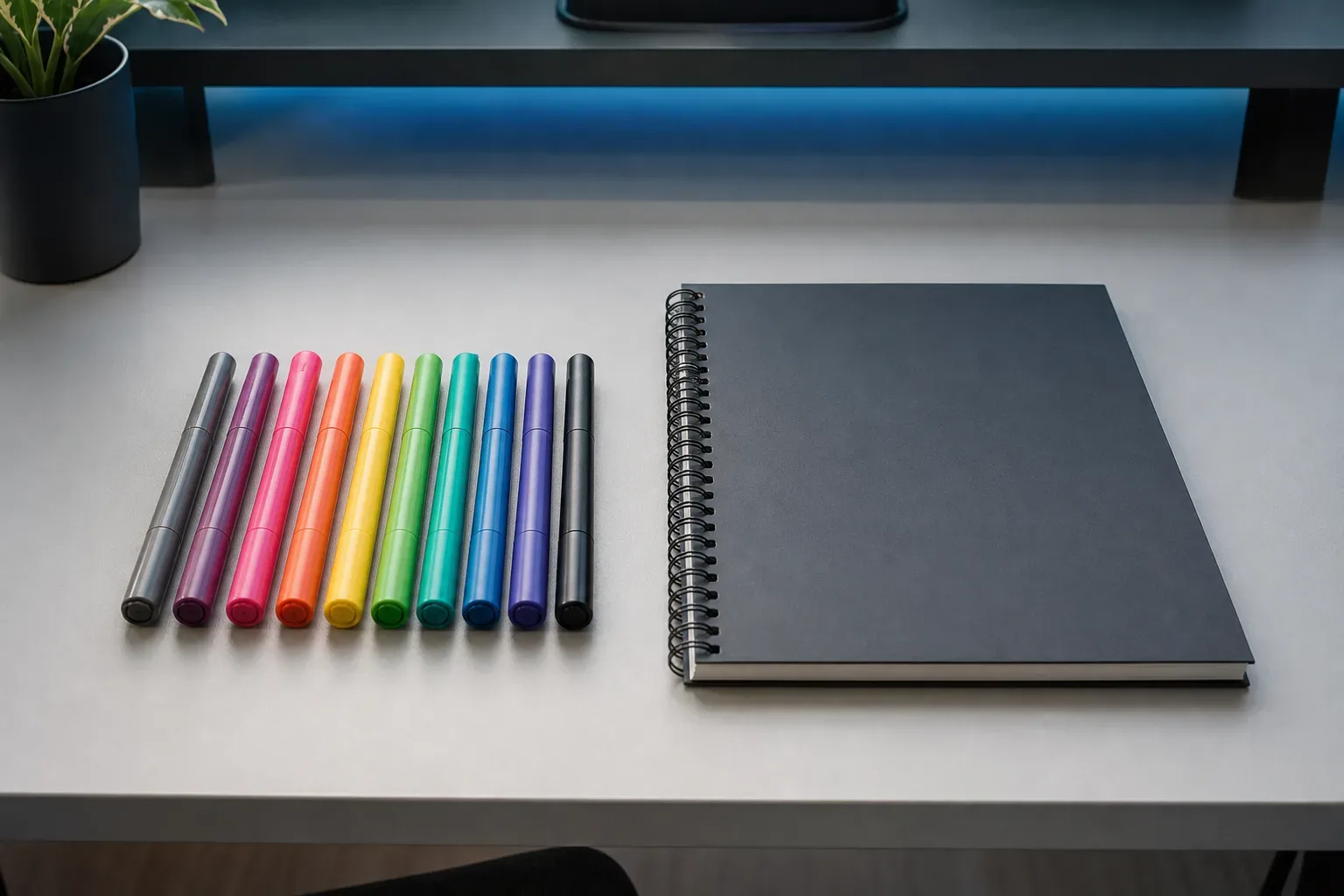A set of capped markers lined up beside a closed spiral-bound planning pad on a work surface in a quiet single-person workstation, shot in a wide view with cool ambient light from above, no person in frame, the markers arranged in a precise row with the pad closed flat beside them and the surface otherwise clear.