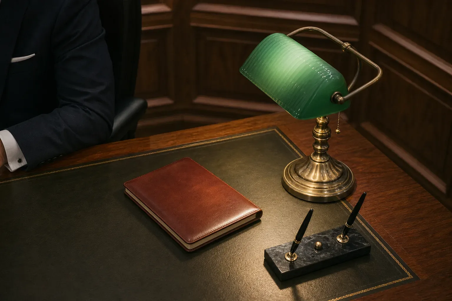 A heavy timber partner desk with a green-shaded lamp in a panelled corner office, shot as a close-up detail overhead in soft diffuse lighting, the lamp shade casting a warm pool of light across the closed leather notebook and pen stand, a law firm partner's arm partially visible at the frame edge.