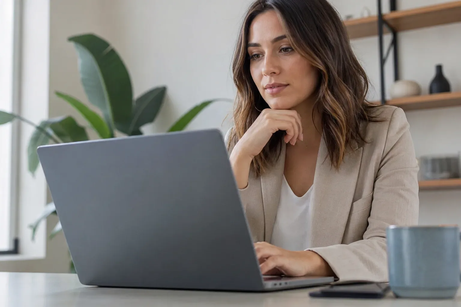 A person in a blazer sits at a desk working on a laptop, resting their chin on one hand, with shelving and a large plant visible behind them
