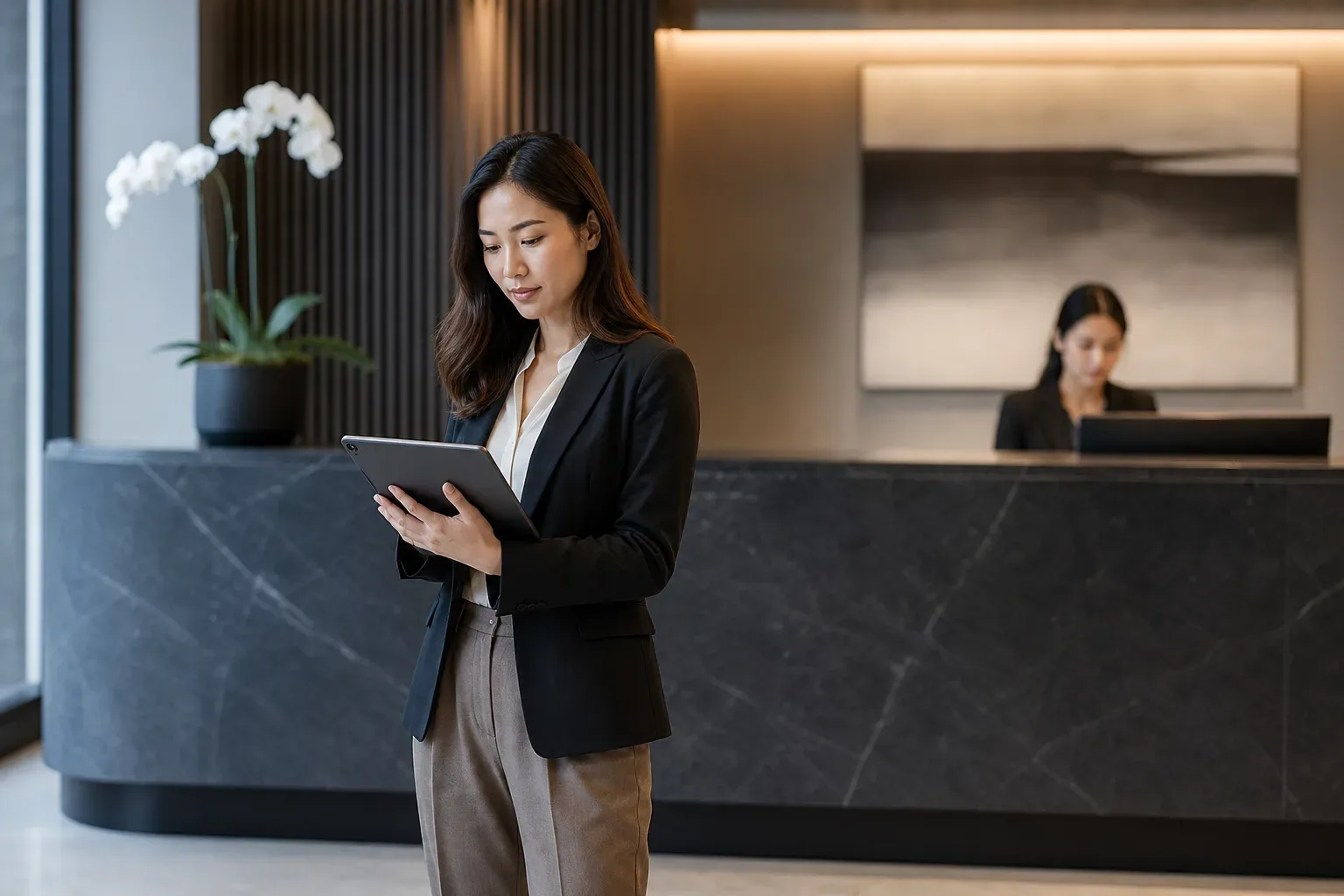 A sleek law firm reception counter in dark stone, a digital marketing strategist in soft side light at the mid distance in sharp focus, a second figure softly blurred behind the counter, a single orchid at one end of the stone surface.
