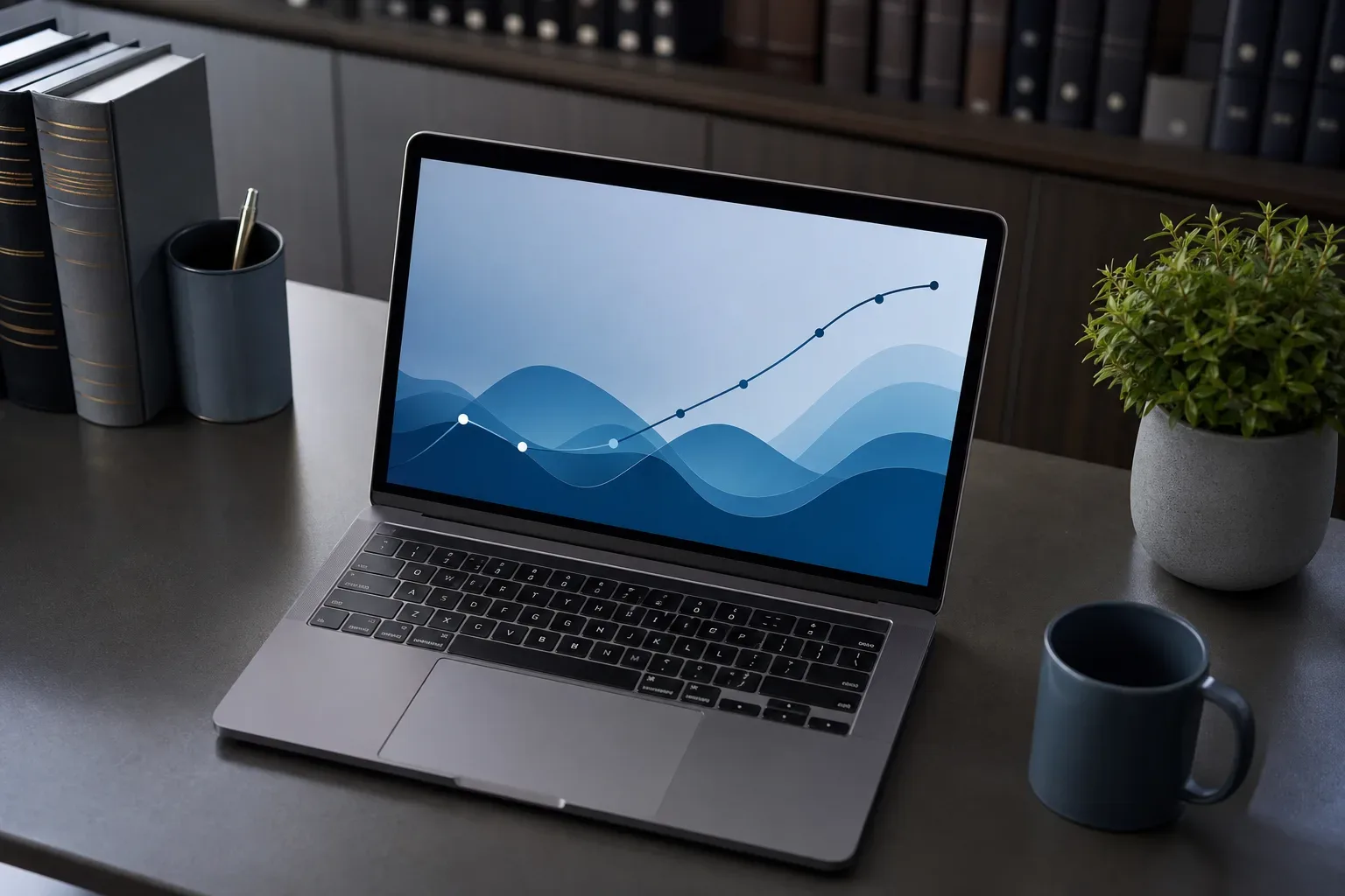 An open laptop on a dark work surface displays an abstract blue wave graph on its screen, surrounded by books, a pen pot, a mug and a small plant