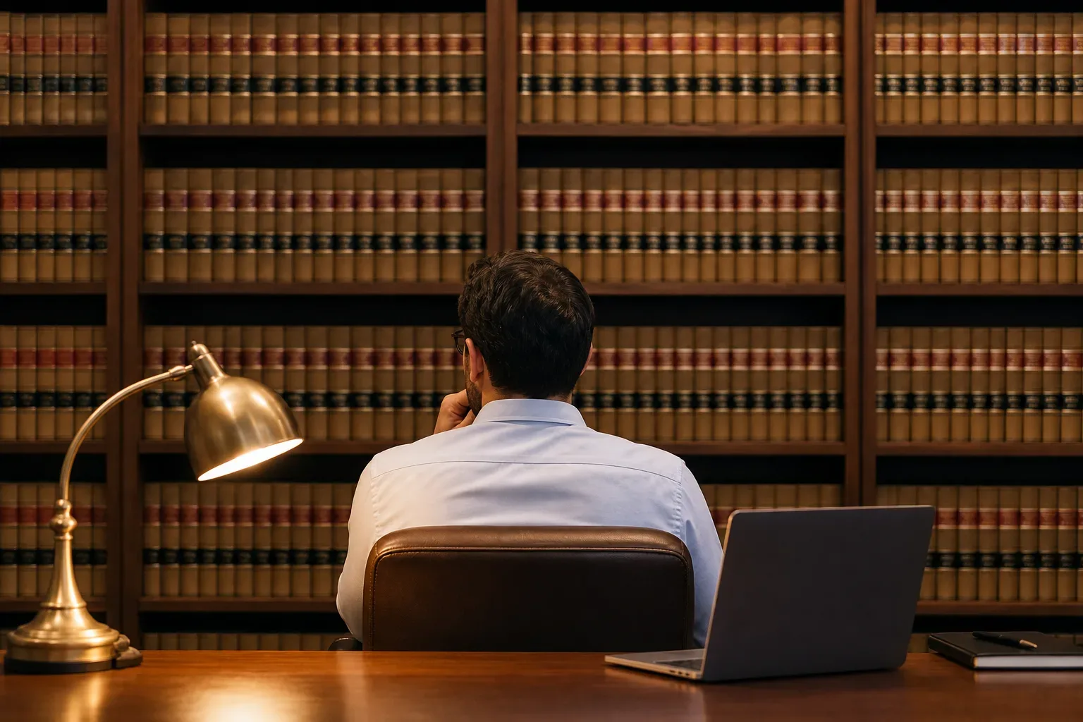 A floor-to-ceiling shelf of uniform bound law reports in a firm library, a digital marketing strategist seen from behind centred in warm lamp light, the bound volumes filling the entire background in sharp focus.