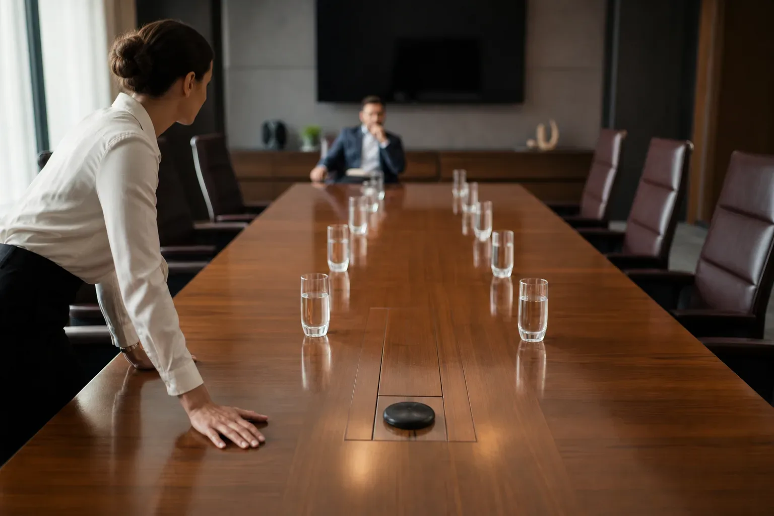 A long polished conference table set for a strategy session, water glasses arranged along its centre, seen from above in bright flat light, a PPC campaign manager's hands placed on the table surface, a second figure softly blurred at the far end.