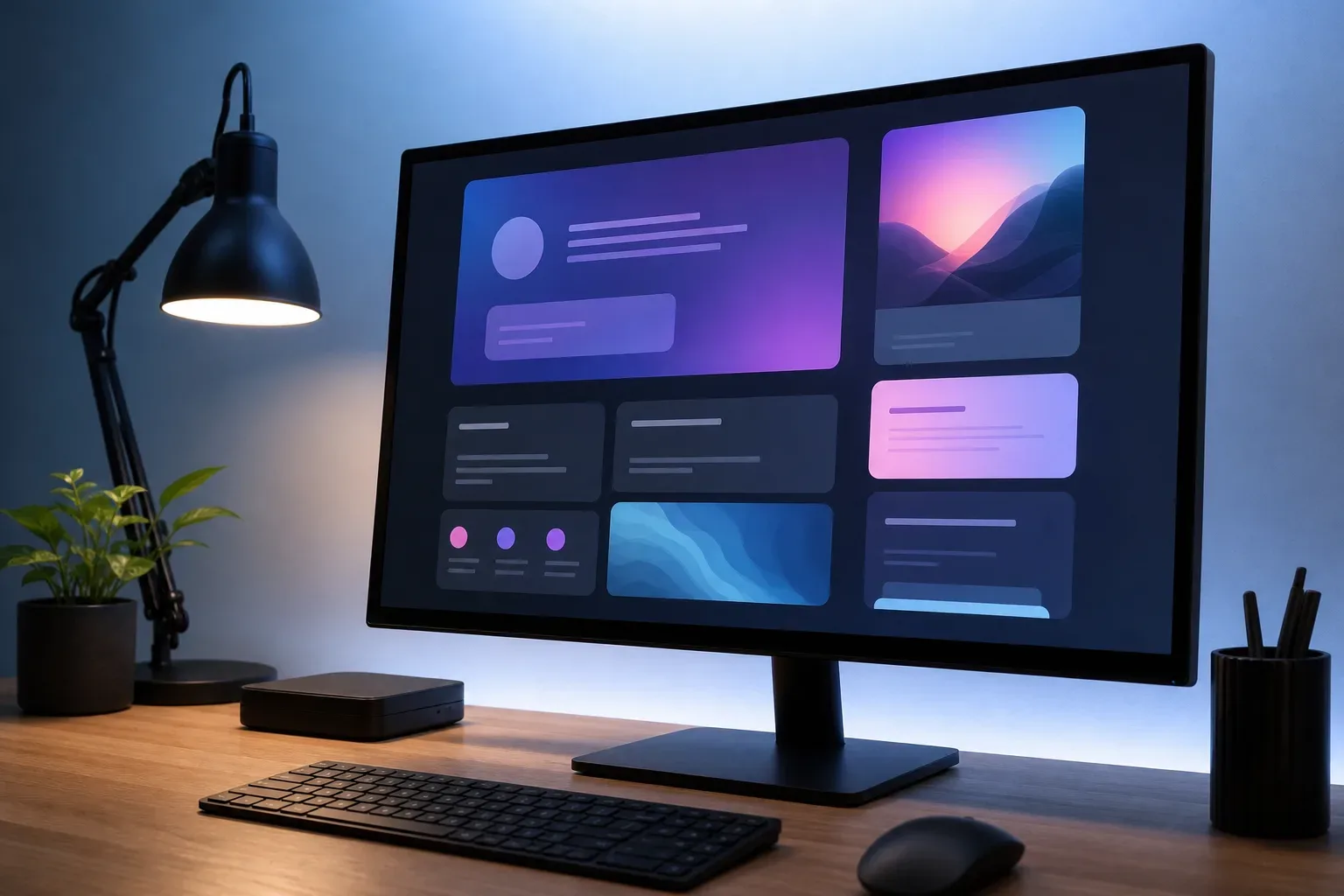 Monitor angled slightly toward camera displays abstract landing page layout panels, a wide view with cool ambient light from above, no person visible, the screen content unreadable.