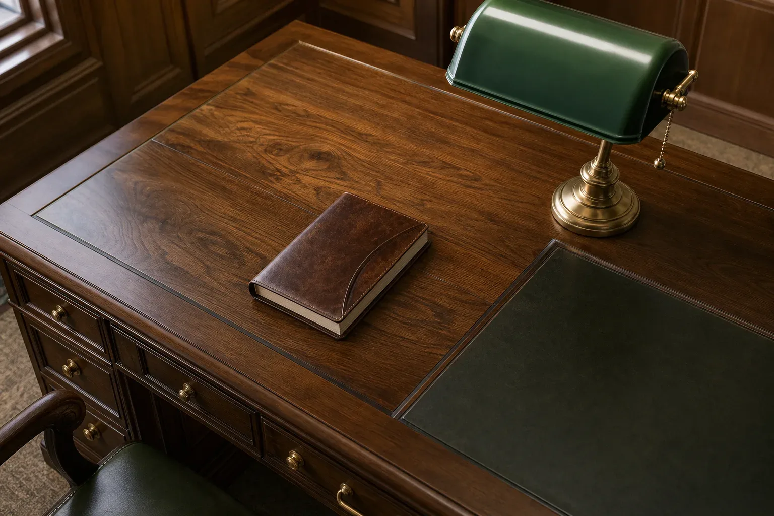 A heavy timber partner desk with a green-shaded lamp in a timber-panelled office, a closed leather notebook on the desk surface, shot overhead in close-up soft diffuse lighting, no person present.