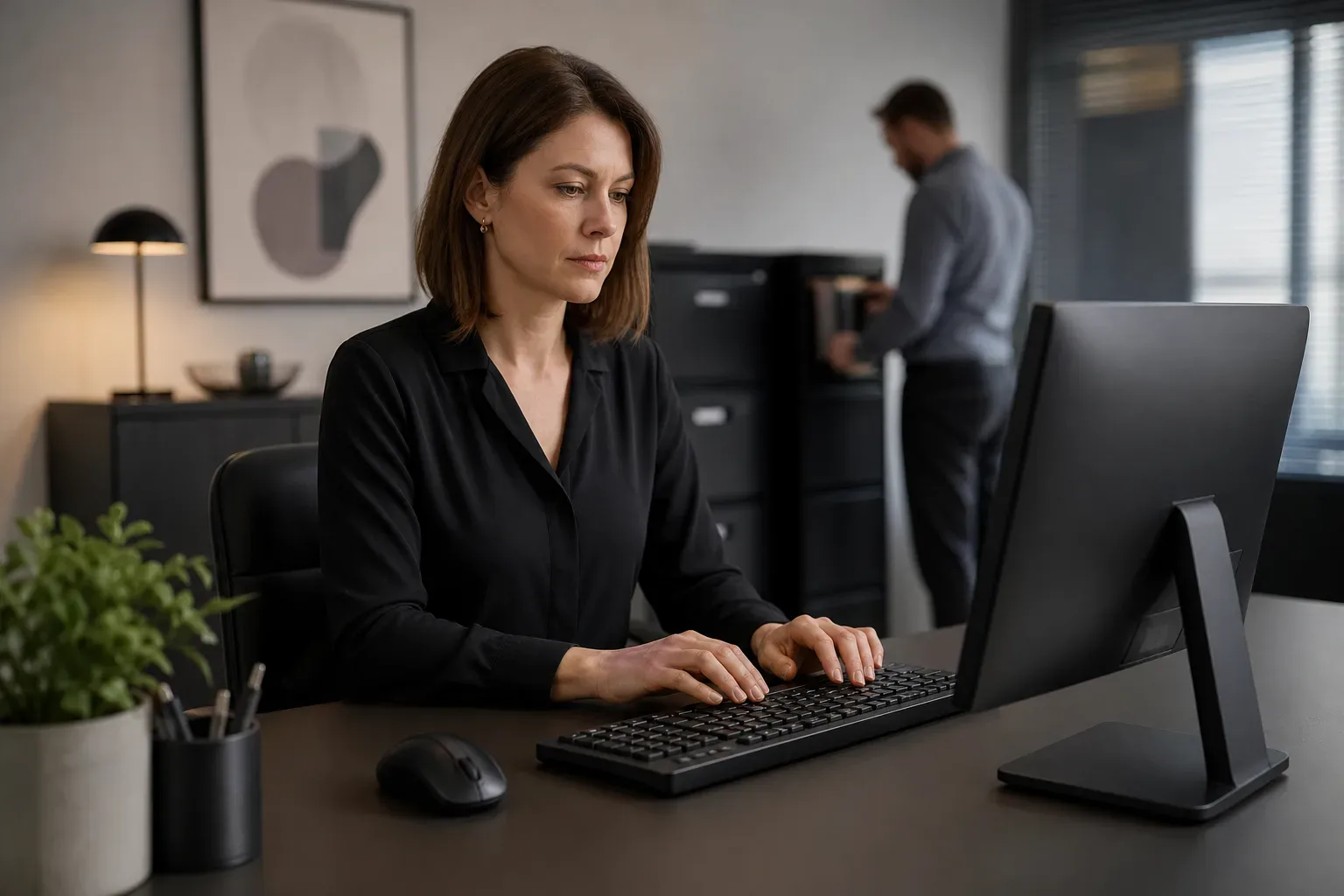 A full-size external keyboard and mouse on a clean desk, an office manager in soft side light at the mid distance in sharp focus, a second figure softly blurred in the background beside a filing unit, the keyboard and mouse in clear focus in the foreground at a different angle from previously used framings.