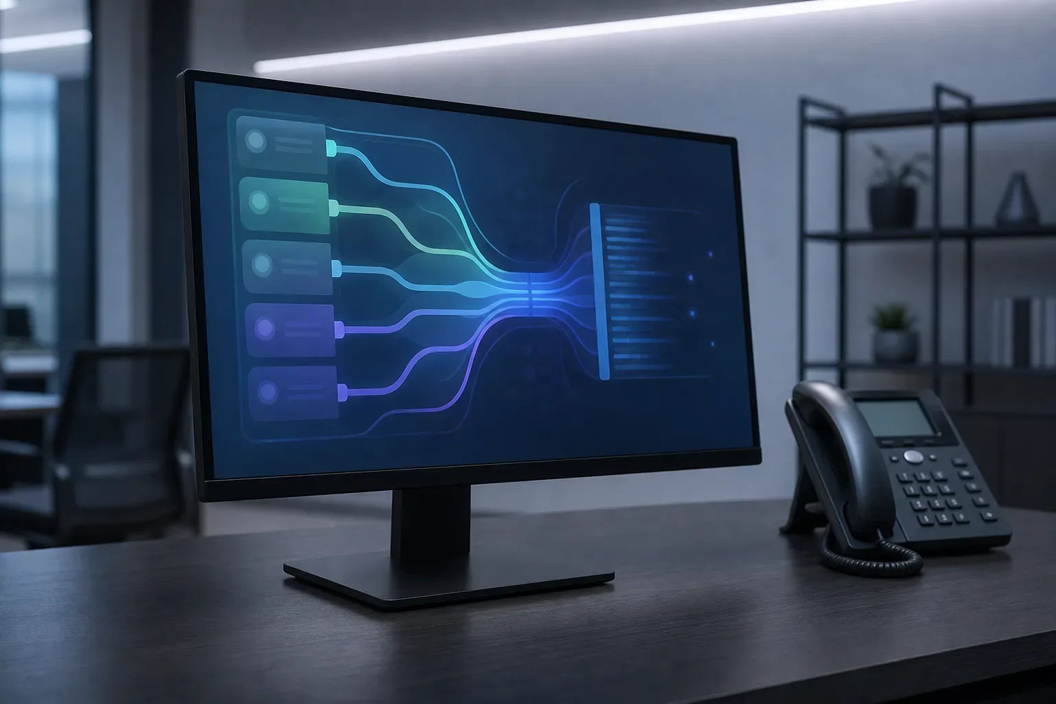 Monitor angled slightly toward camera displaying abstract intake pipeline panels where multiple inbound channels converge into a single routing system, a wide view with cool ambient light from above, no person in frame, a desk phone with its handset in the cradle positioned beside the monitor on the same workstation surface, the screen content entirely unreadable.