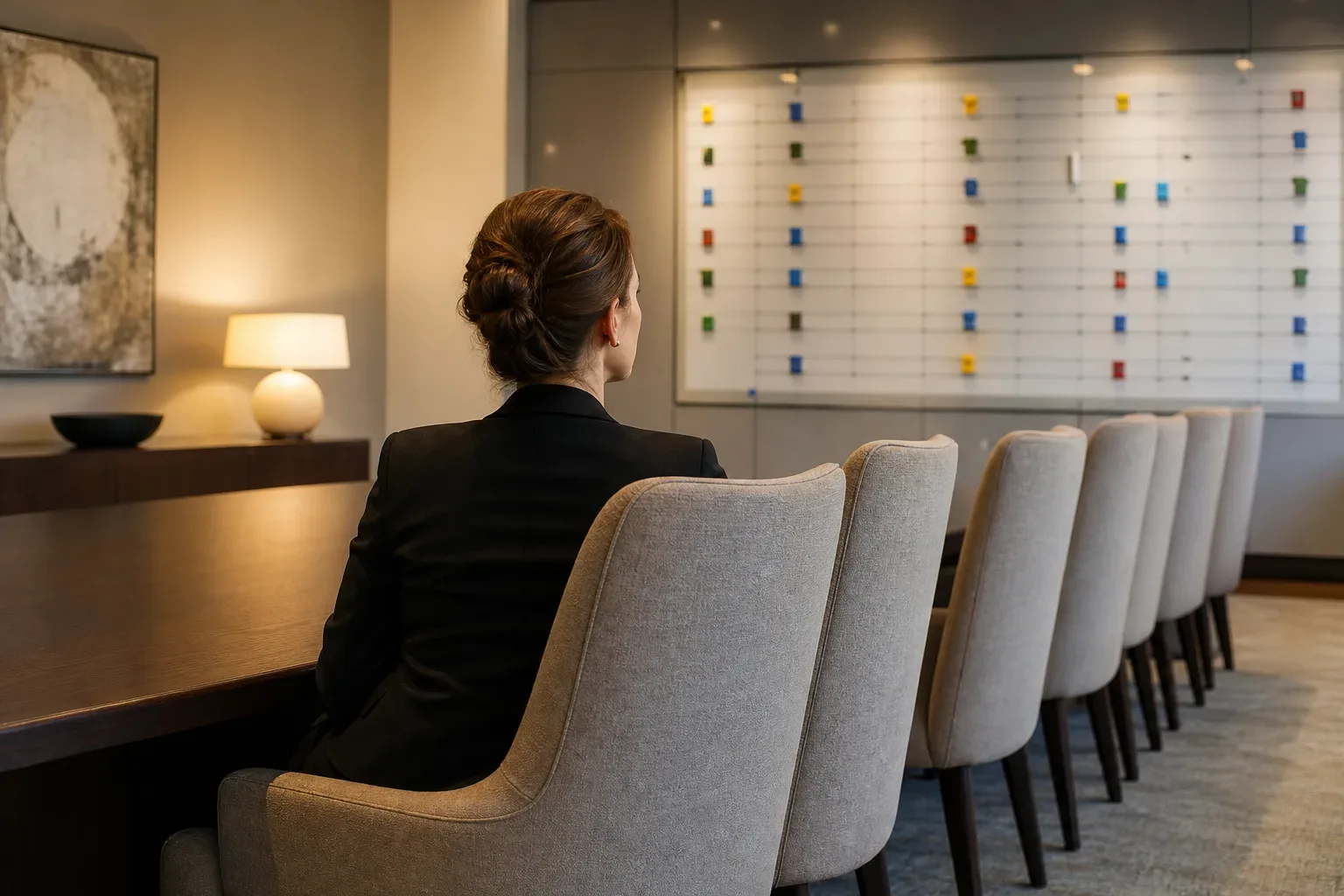 A row of high-backed upholstered chairs along one side of a client meeting table, an office manager seen from behind centred in warm lamp light, the chairs receding into the background of the meeting room, a large wall-mounted planning board with colour-coded magnetic markers visible on the far wall.
