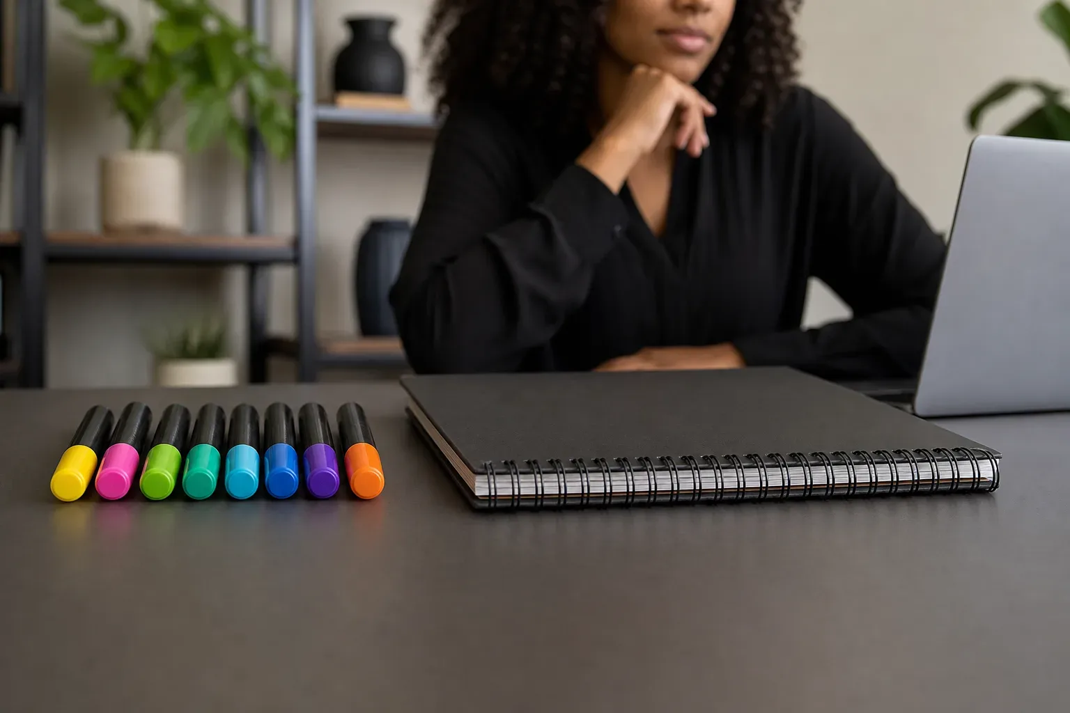 A set of colourful capped markers lined up beside a closed spiral-bound pad on a dark work surface, with a person seated behind a laptop in the background