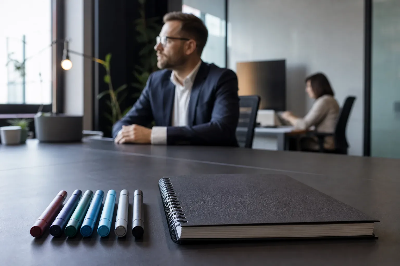 A set of capped markers lined up beside a closed spiral-bound planning pad on a work surface in an agency open-plan area, a law firm partner in soft side light at the mid distance in sharp focus, a second figure softly blurred behind at the far end of the table, the pad and markers the sharpest elements in the frame.