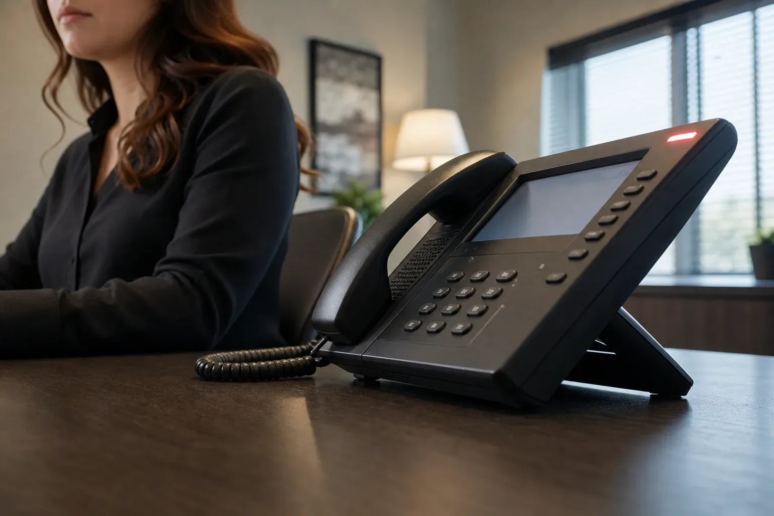 A desk phone with its handset resting in the cradle on a clear desk surface, shot from a low angle looking upward in calm even daylight, a paralegal partially visible seated beside the desk, the blinking light on the phone console the sharpest detail in the frame.