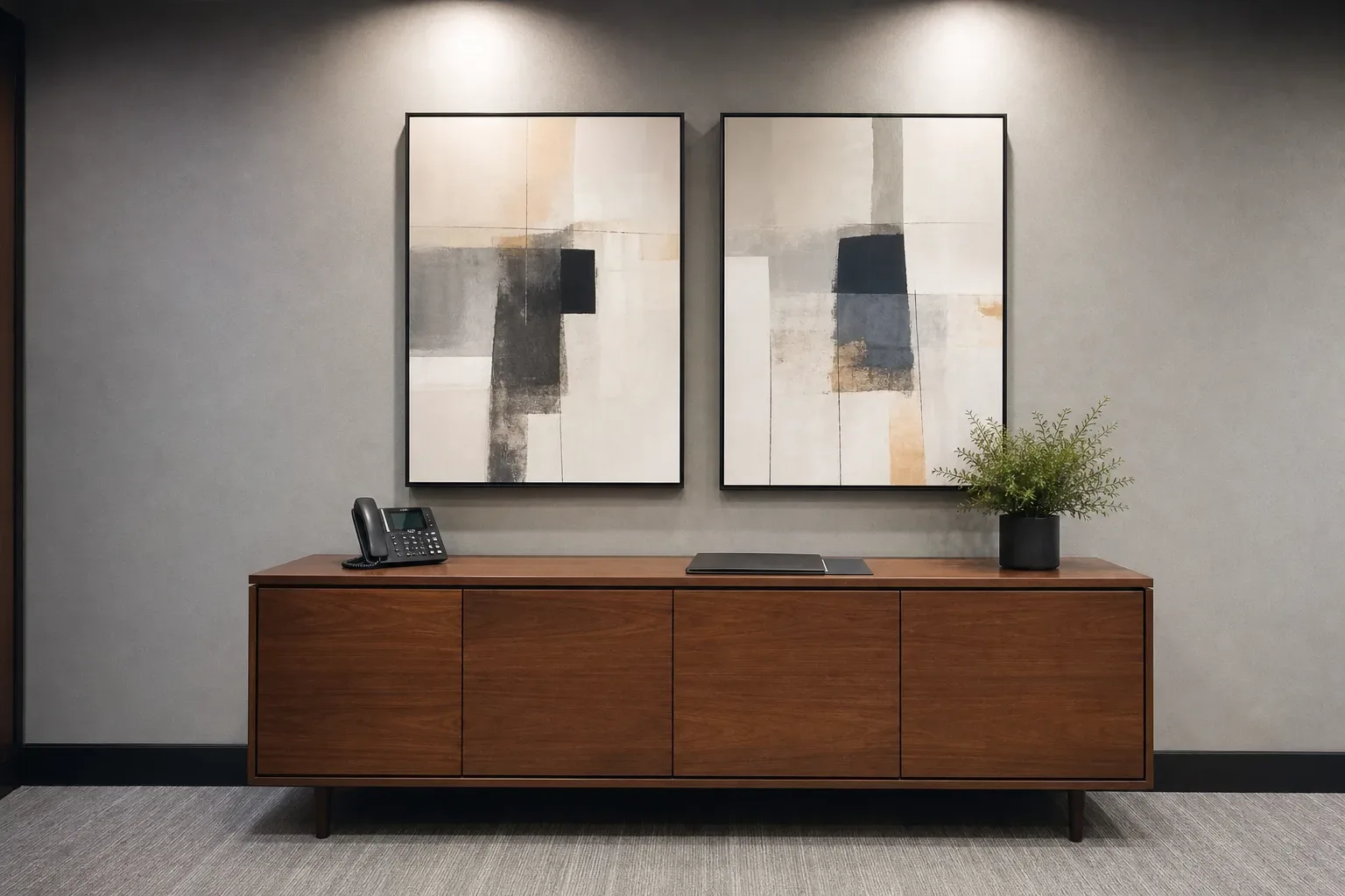 A low timber credenza beneath framed abstract prints in a firm anteroom, a wide view with cool ambient light from above, no person present, a desk phone with its handset in the cradle sitting on the credenza top beside the leather portfolio, the prints above it catching the ambient light.