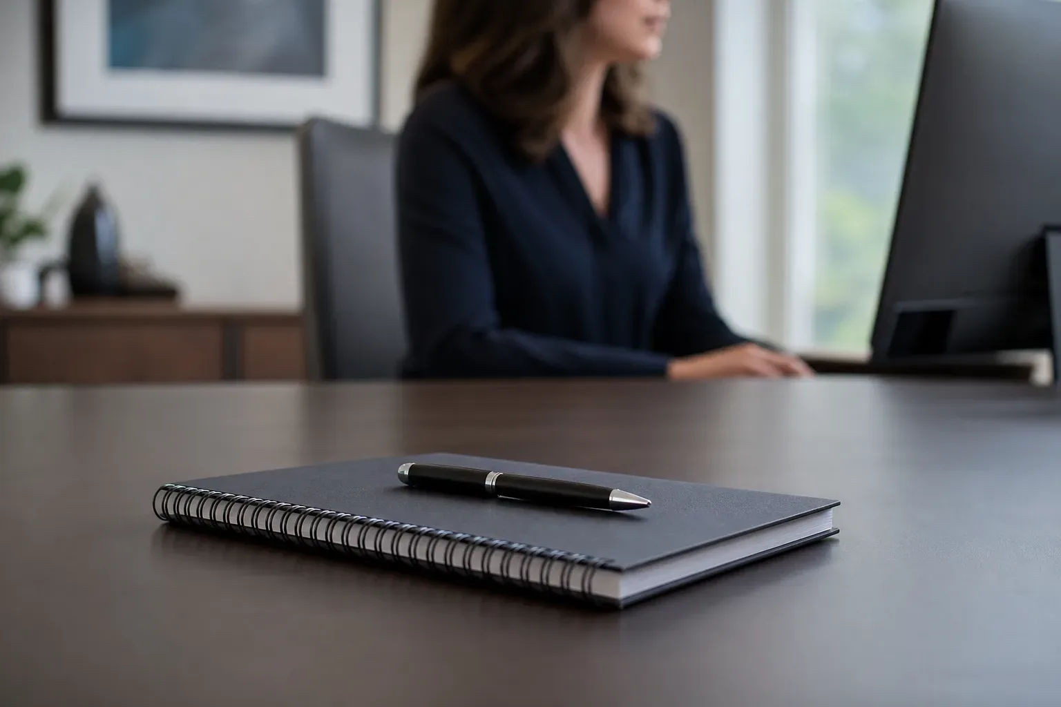 A closed spiral notebook with a capped pen resting across its cover on a clear work surface, shot from a low angle looking upward in calm even daylight, an office manager partially visible seated at the far side of the surface, the notebook the sole object in sharp focus in the foreground.