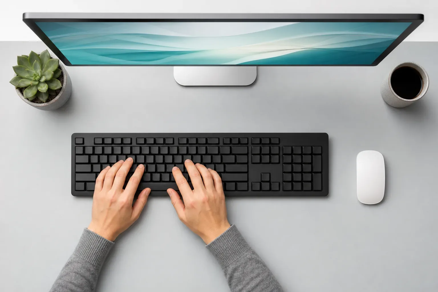 A full-size external keyboard and mouse positioned precisely on a clean desk are seen from directly above in bright flat light, a content specialist's hands resting lightly on the keyboard mid-audit task.