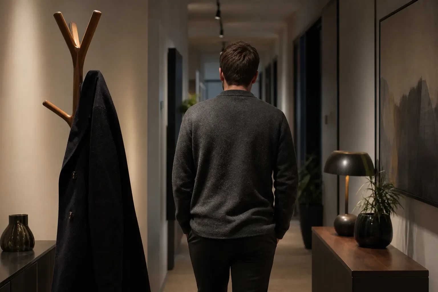 A tall wooden coat stand near a firm entrance holds a single dark overcoat, warm lamp light falling from one side, a local SEO specialist seen from behind and centred in the frame, the firm corridor receding behind them.