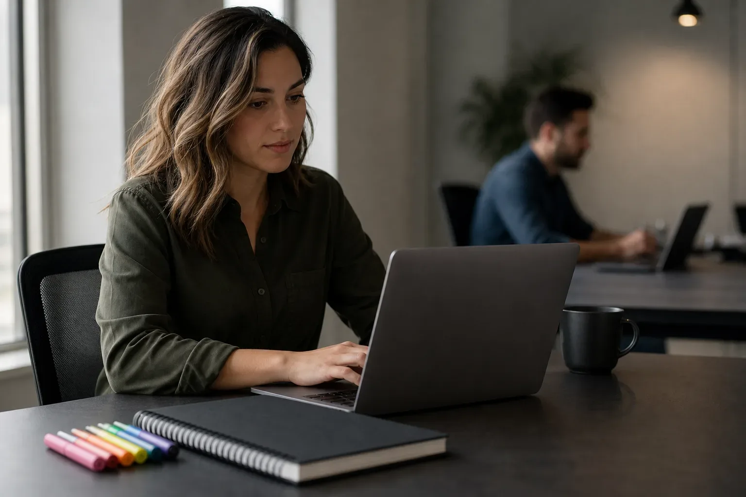 A set of capped markers lined up beside a closed spiral-bound planning pad on a work surface, a digital marketing strategist in soft side light seen from the mid distance in sharp focus, a second figure blurred in the background at the far end of the work table.