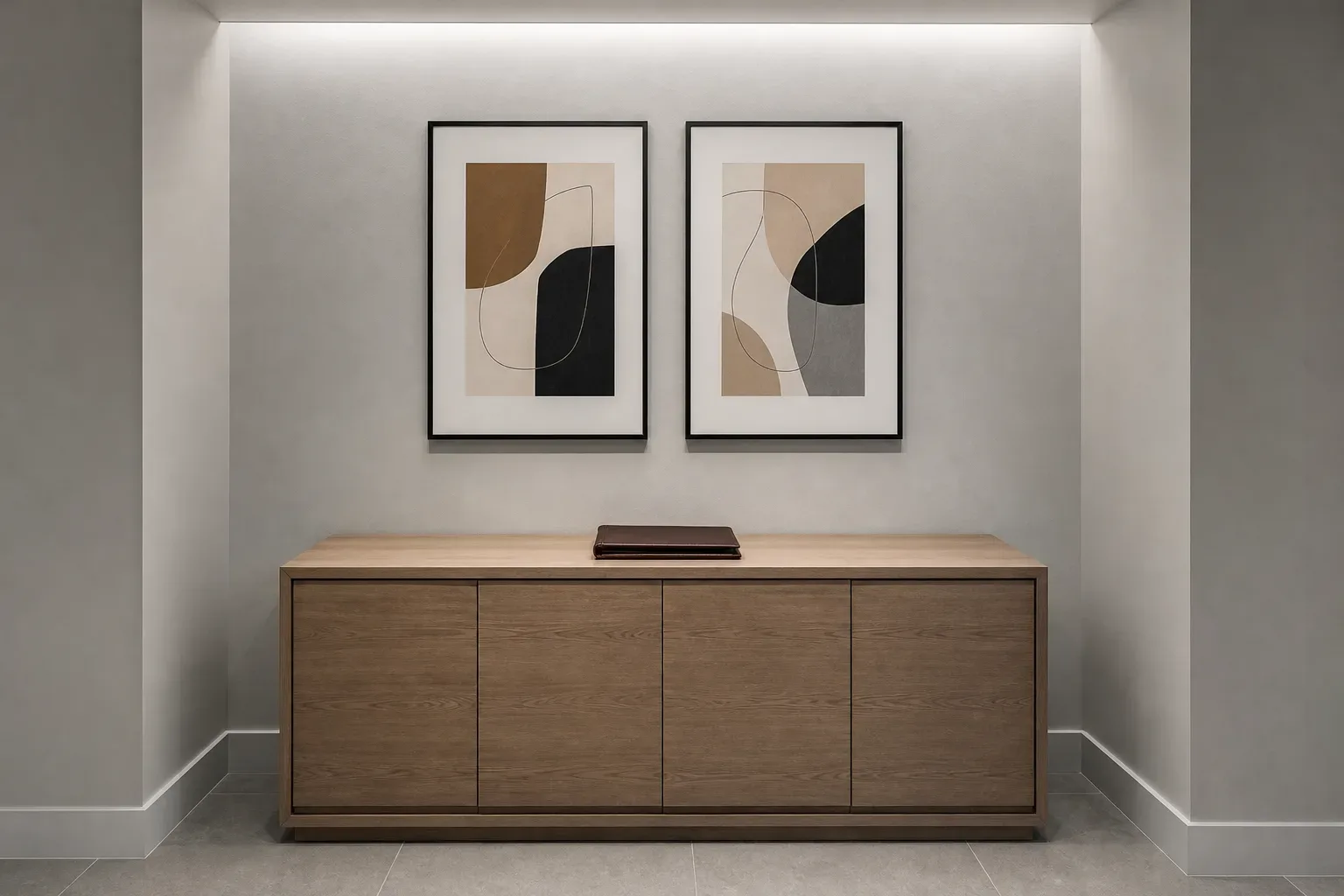 A low timber credenza beneath framed abstract prints stands in a firm alcove, a closed leather portfolio resting on top, cool ambient light from above illuminating the surface evenly, no person in frame.