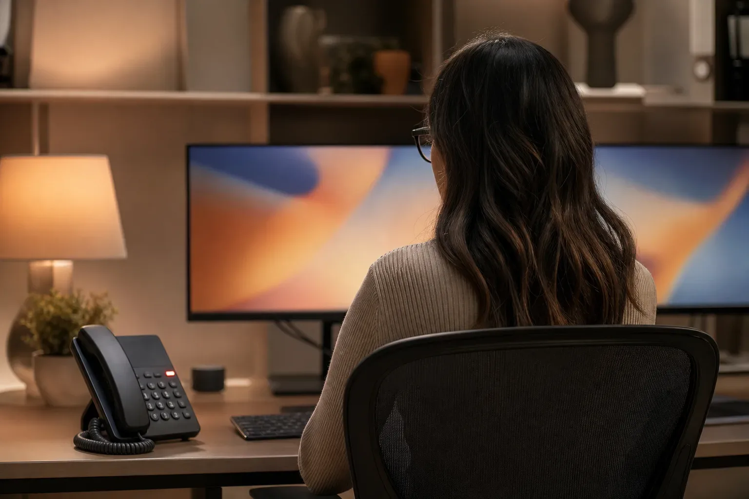 A desk phone with its handset resting in the cradle on a clear desk surface, a content specialist seen from behind centred in warm lamp light, the phone console showing a single blinking light.