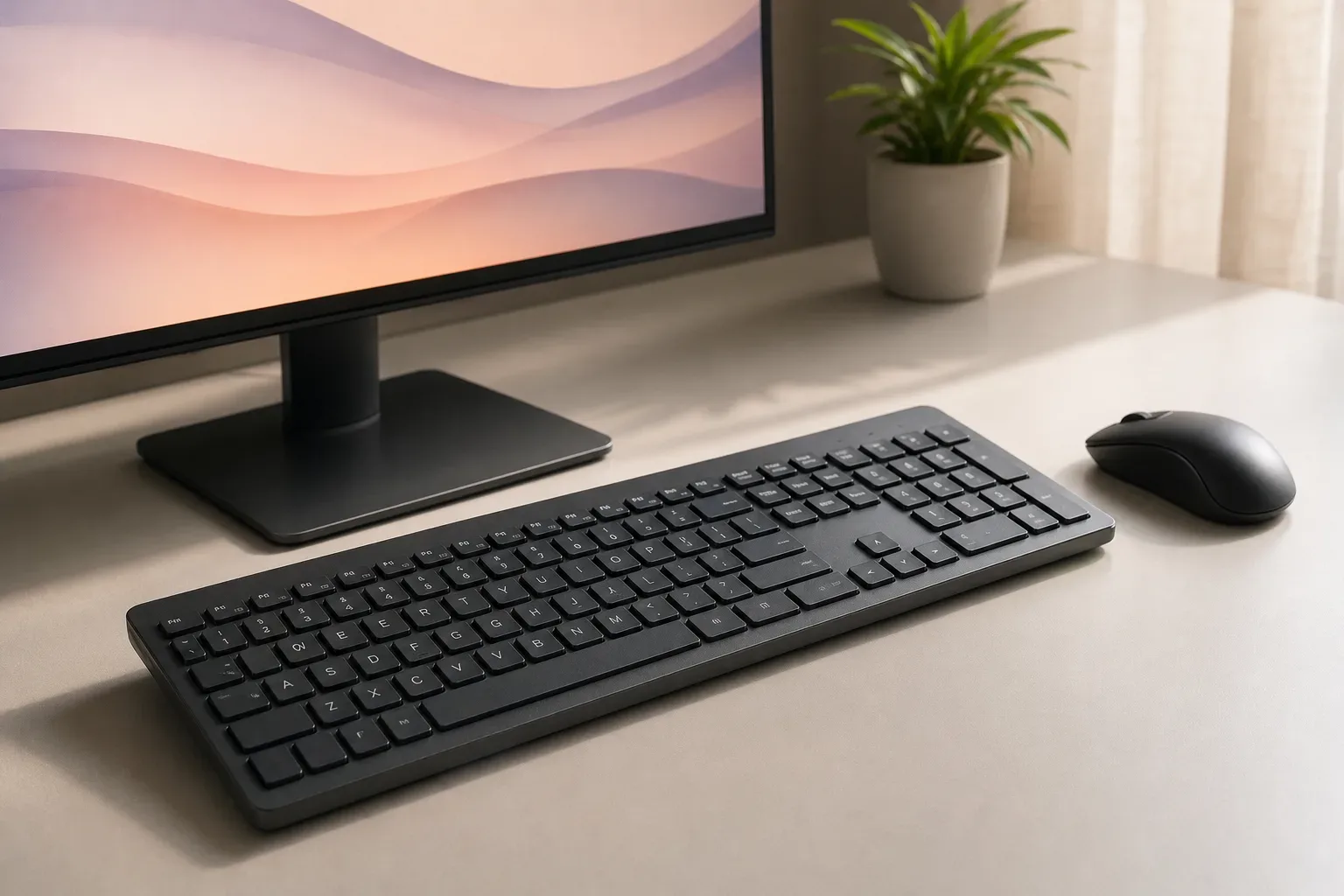 A full-size external keyboard and mouse positioned precisely on a clean desk, seen from a low angle in calm even daylight, no person in frame, the keyboard lit from one side.