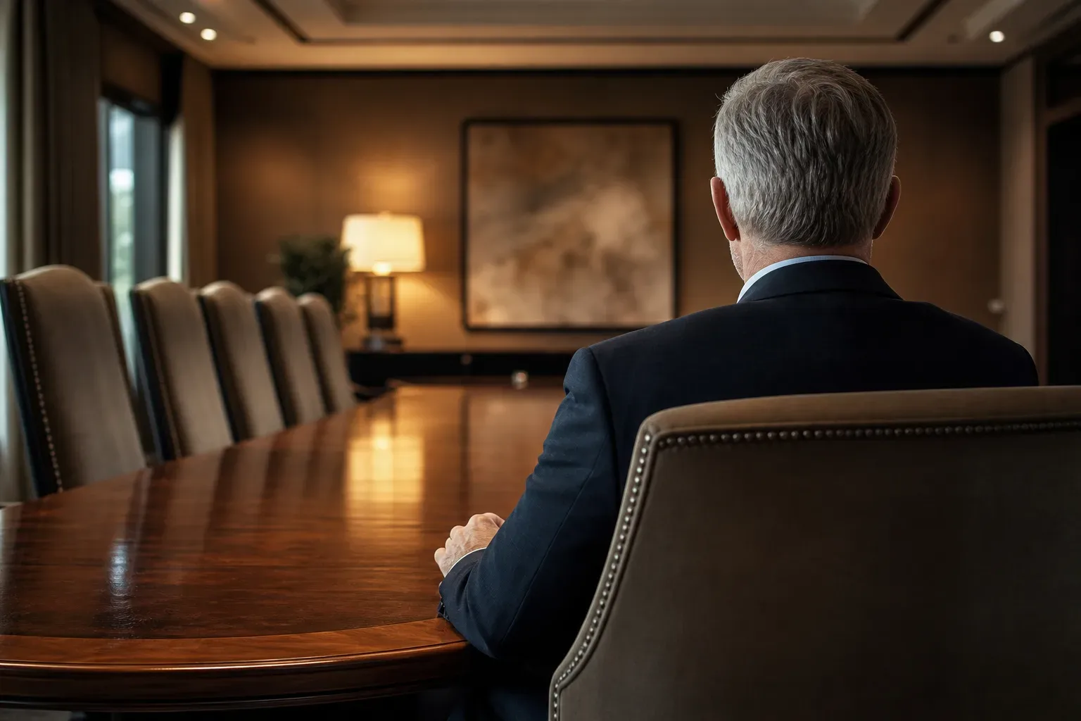 A row of high-backed upholstered chairs arranged along one side of a client meeting table, a law firm partner seen from behind centred in warm lamp light, the chairs receding into the background behind the partner's figure, the table surface polished and clear.