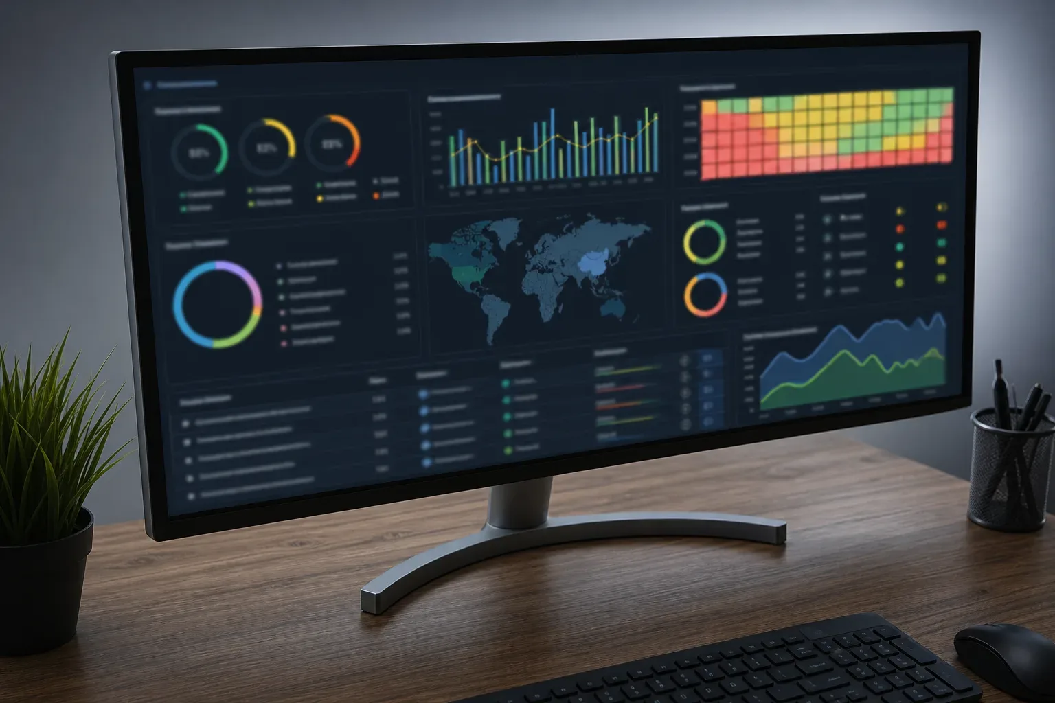 A wide monitor angled slightly toward camera displays abstract domain-rating panel data from a backlink crawl, shot overhead in soft diffuse lighting, no person in frame, the screen content entirely unreadable.