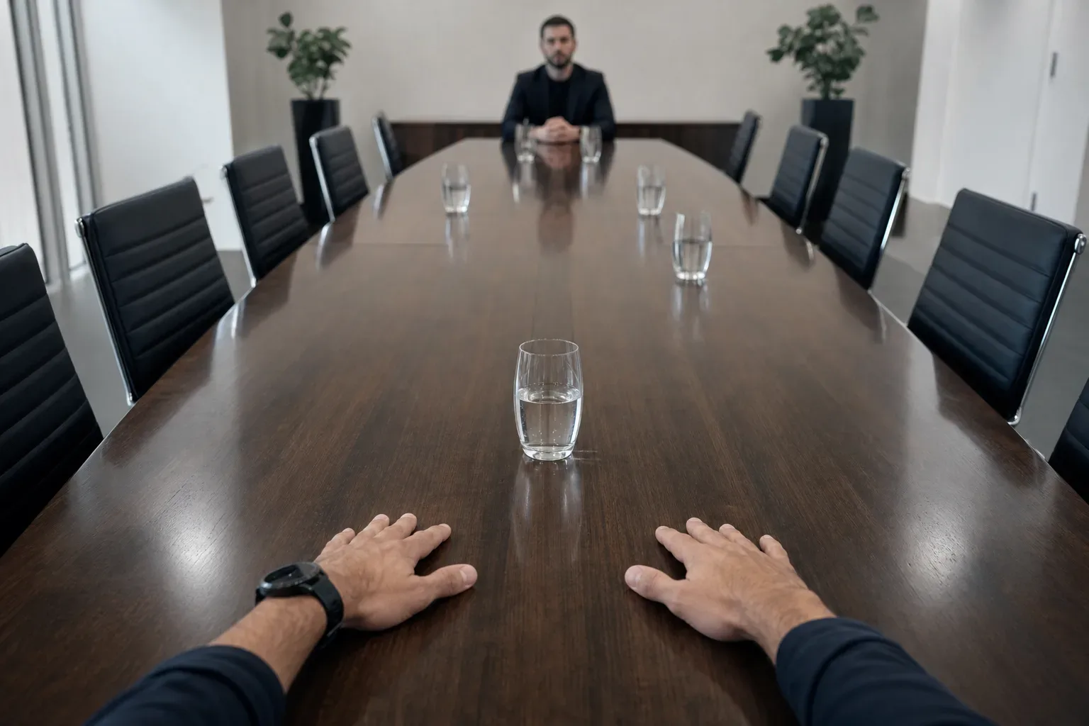 A long polished conference table set for a strategy session, water glasses arranged along its centre, seen from above in bright flat light with an SEO specialist's hands placed on the table surface at the near end, a second figure softly blurred at the far end of the table, the polished surface reflecting the flat light.