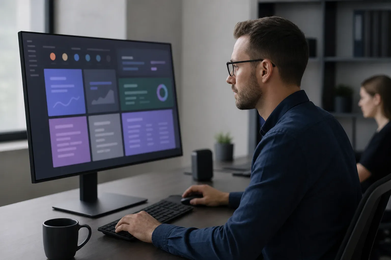 A wide monitor angled slightly toward camera displaying abstract CTA copy variant panels across practice area groupings, a PPC campaign manager in soft side light at the mid distance in sharp focus, a second figure softly blurred in the background at the far side of the desk, the screen content entirely unreadable.