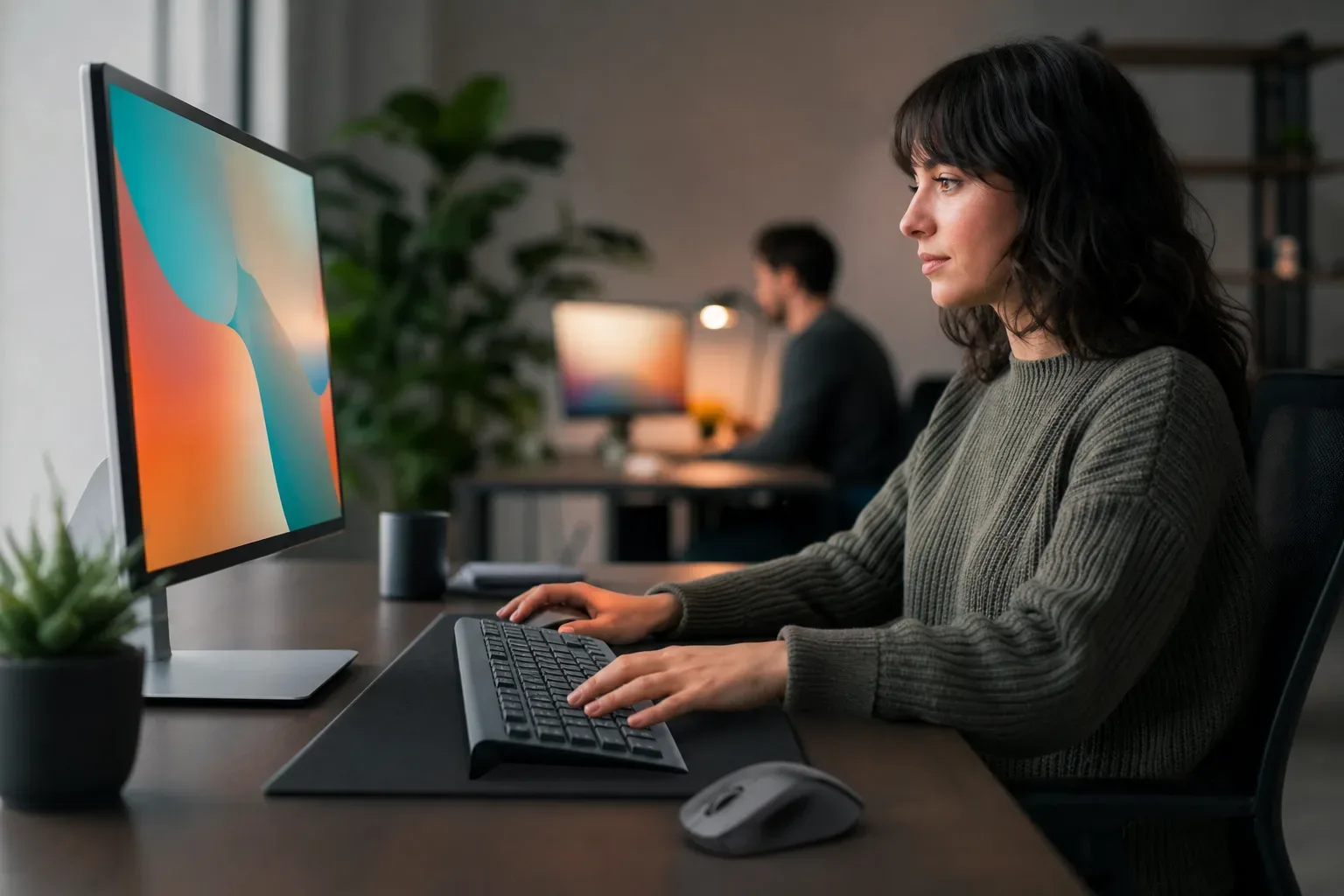 A full-size external keyboard and mouse on a clean desk, a digital marketing strategist in soft side light at the mid distance in sharp focus, a second figure softly blurred behind, the keyboard and mouse in clear focus in the foreground.