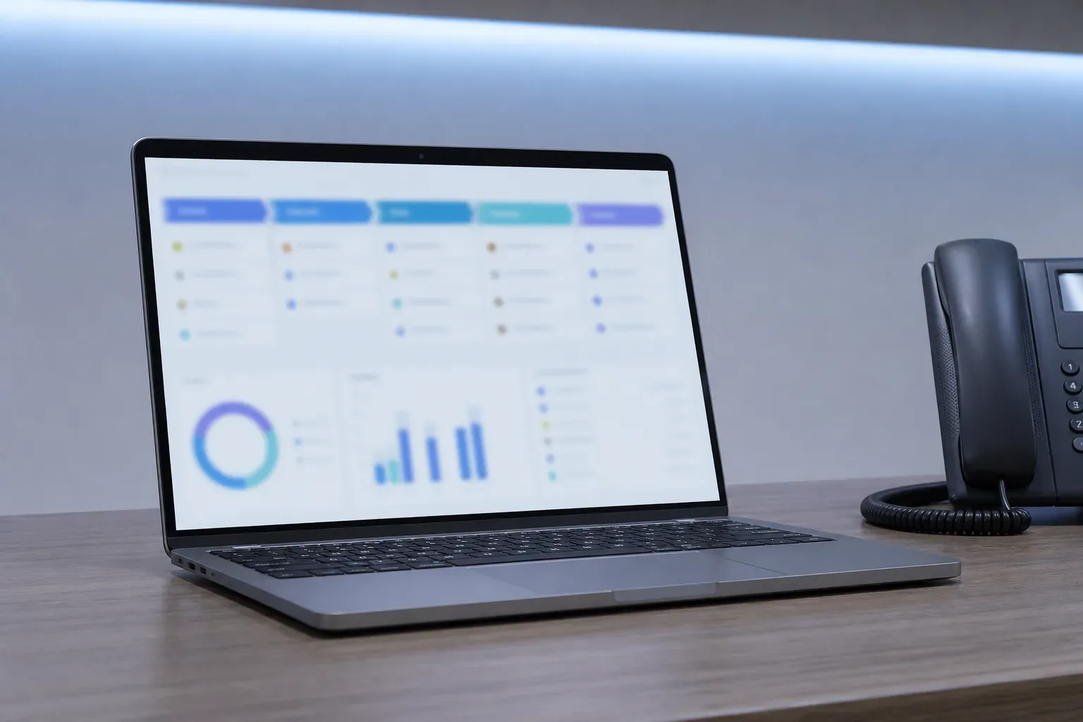 A half-open laptop with a blurred analytics interface glowing on its screen on a clear work surface, a wide view with cool ambient light from above, no person in frame, the screen showing abstract CRM pipeline and lead-assignment panels, a desk phone with its handset in the cradle visible at the edge of the same surface.