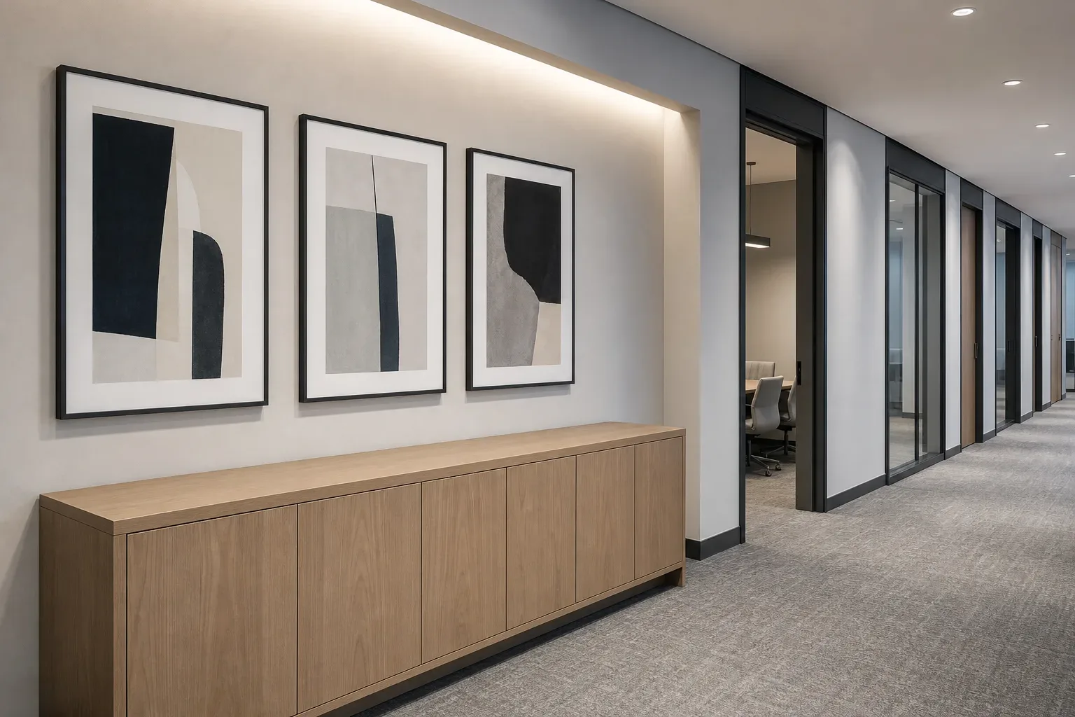 A low timber credenza beneath framed abstract prints in a firm corridor leading toward a set of practice area meeting rooms, a wide view with cool ambient light from above, no person present, the credenza top bare and the prints arranged evenly on the wall above it.