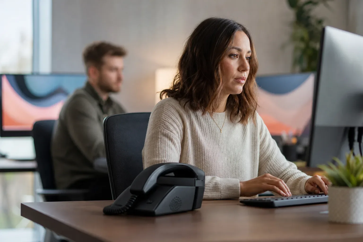 A person in a cream jumper works at a keyboard in a professional office, with a desk phone on the surface beside them and a second person softly blurred in the background