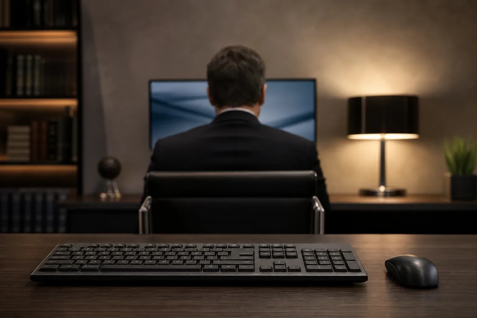 A full-size external keyboard and mouse on a clean desk, a law firm partner seen from behind centred in warm lamp light, the keyboard and mouse in clear focus in the foreground, the partner's figure slightly out of focus as it recedes toward the desk surface behind.