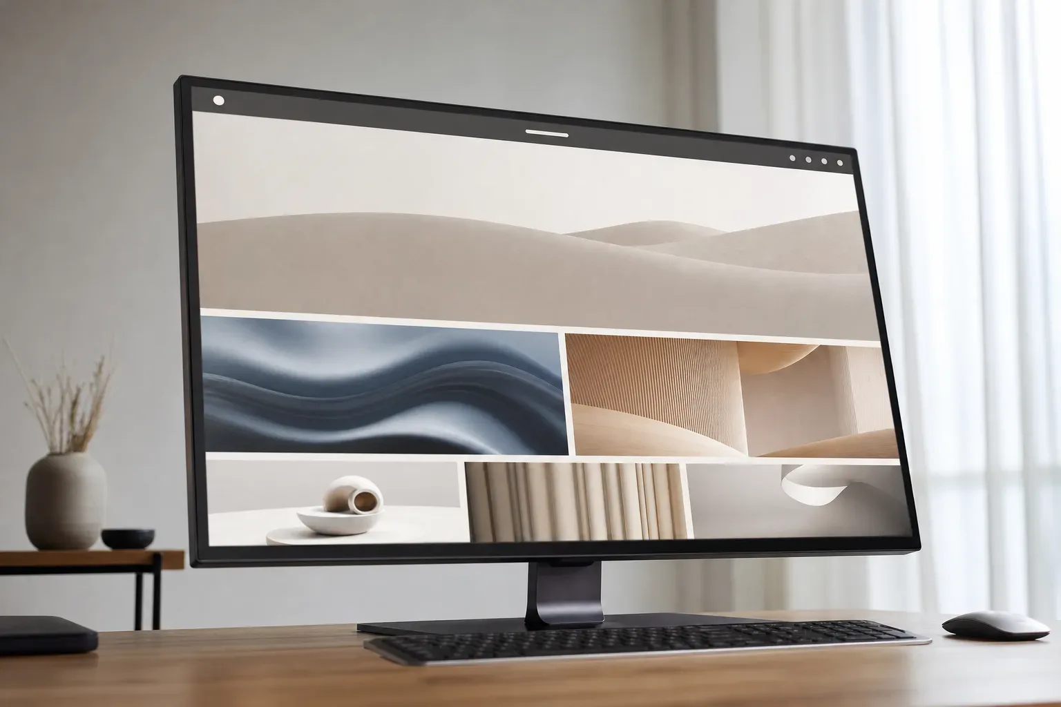 A wide monitor angled slightly toward camera displays abstract homepage layout panels, shot from a low angle looking upward in calm even daylight, no person in frame, the screen content entirely unreadable.