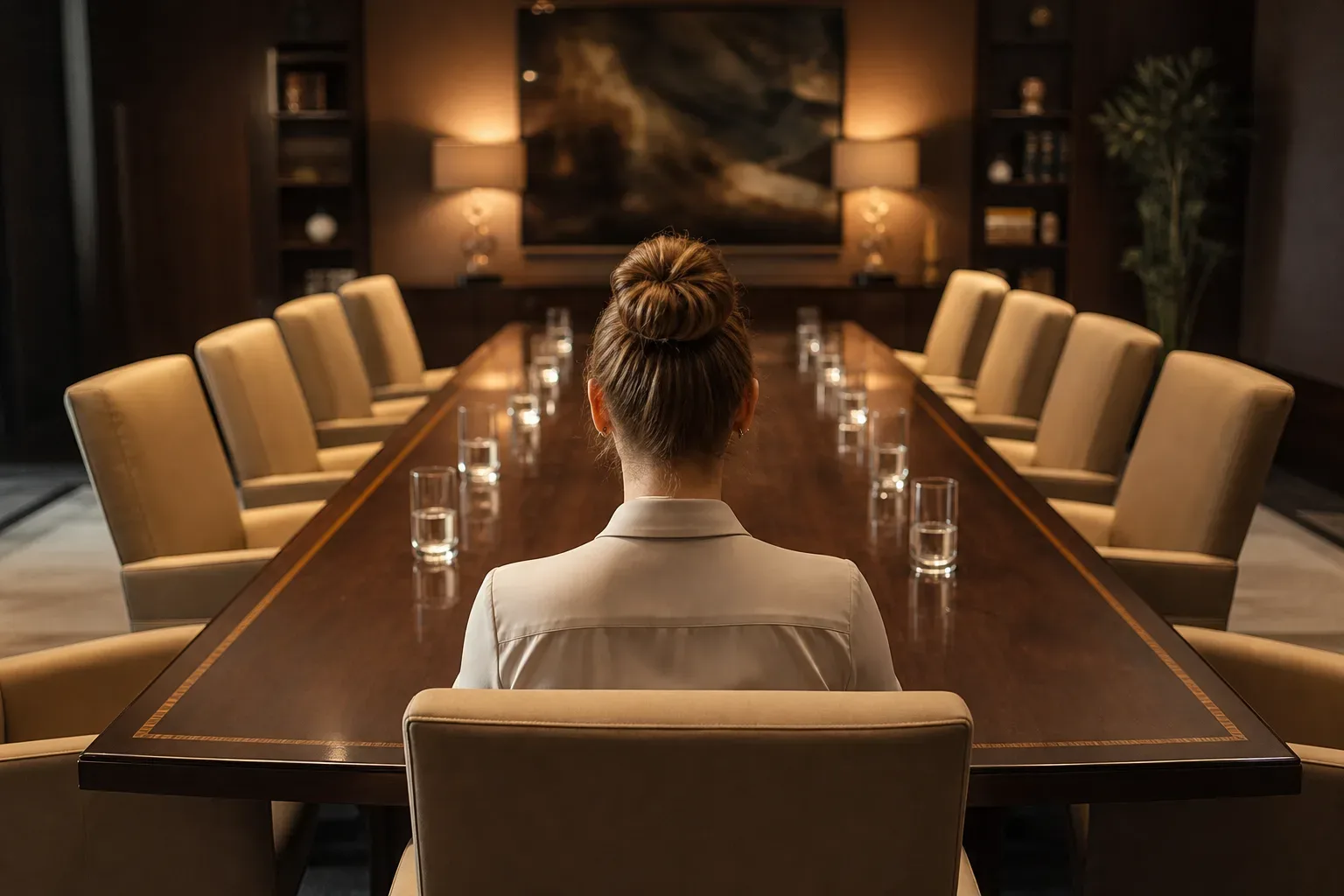 A long polished conference table set for a strategy session, water glasses arranged along its centre, a paralegal seen from behind centred in warm lamp light, the table stretching away from the figure, the upholstered chairs along both sides catching the warm light.