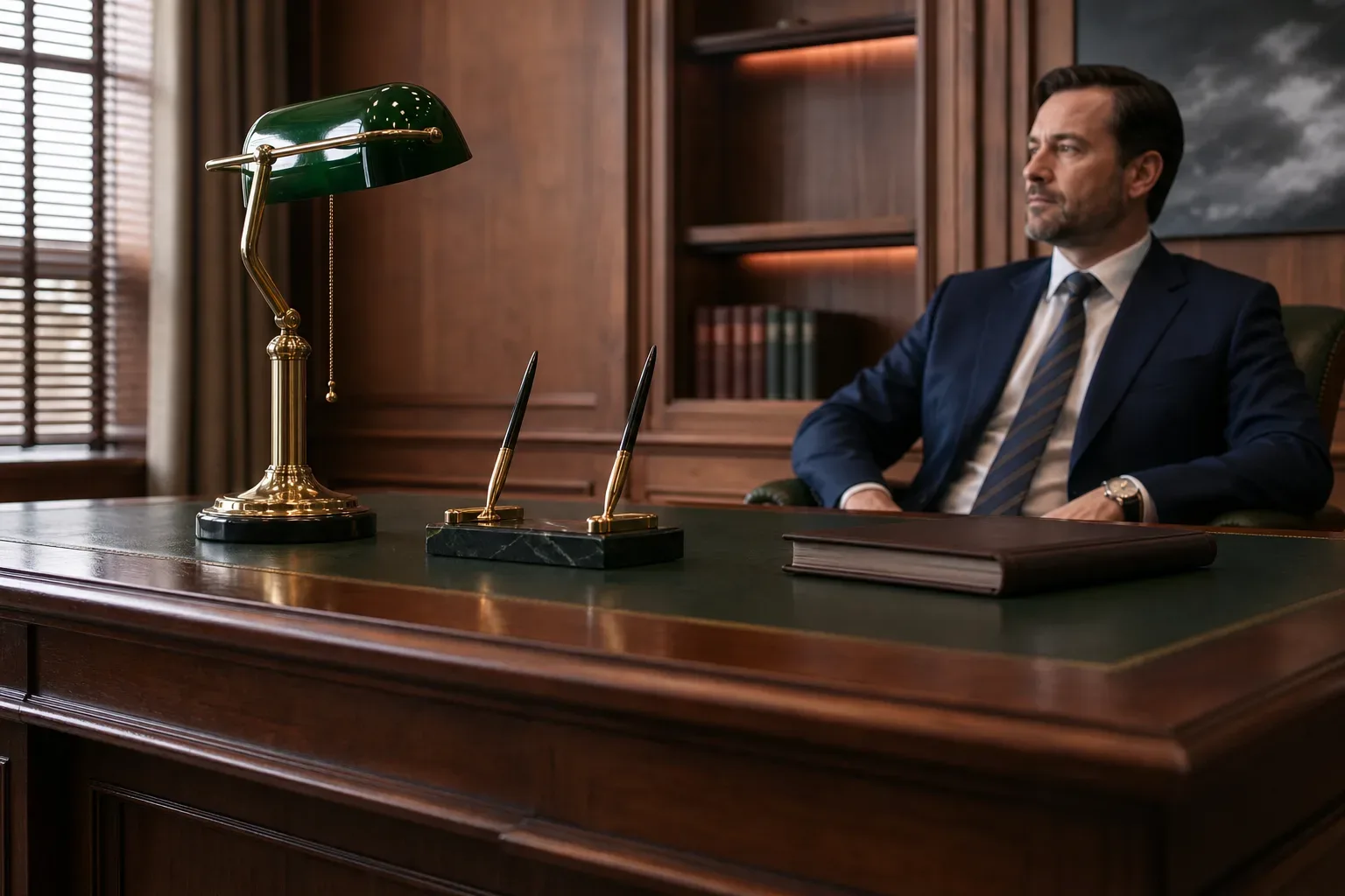 A heavy timber partner desk with a green-shaded lamp in a timber-panelled office, shot from a low angle looking upward in calm even daylight, a law firm partner partially visible seated at the desk, the pen stand and closed leather notebook on the surface.