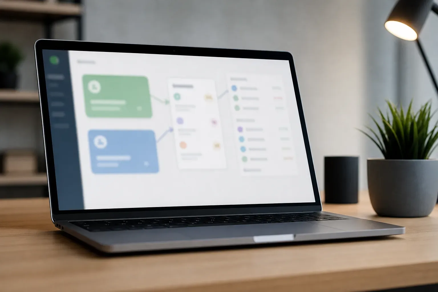A half-open laptop with a blurred analytics interface glowing on its screen on a clear work surface, shot from a low angle looking upward in calm even daylight, no person in frame, the screen showing abstract CRM intake pipeline panels where web inquiries and inbound calls are routed and tracked, all content unreadable.