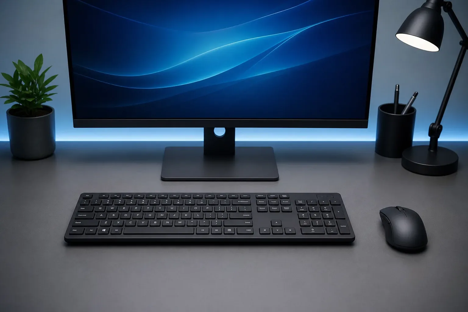 A full-size external keyboard and mouse on a clean desk, a wide view with cool ambient light from above, no person in frame, the keyboard and mouse precisely positioned on the bare desk surface.
