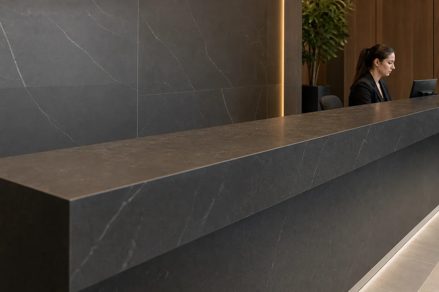 A sleek law firm reception counter in dark stone, shot from a low angle looking upward in calm even daylight, a paralegal partially visible at the far end of the counter, the stone surface otherwise unoccupied.