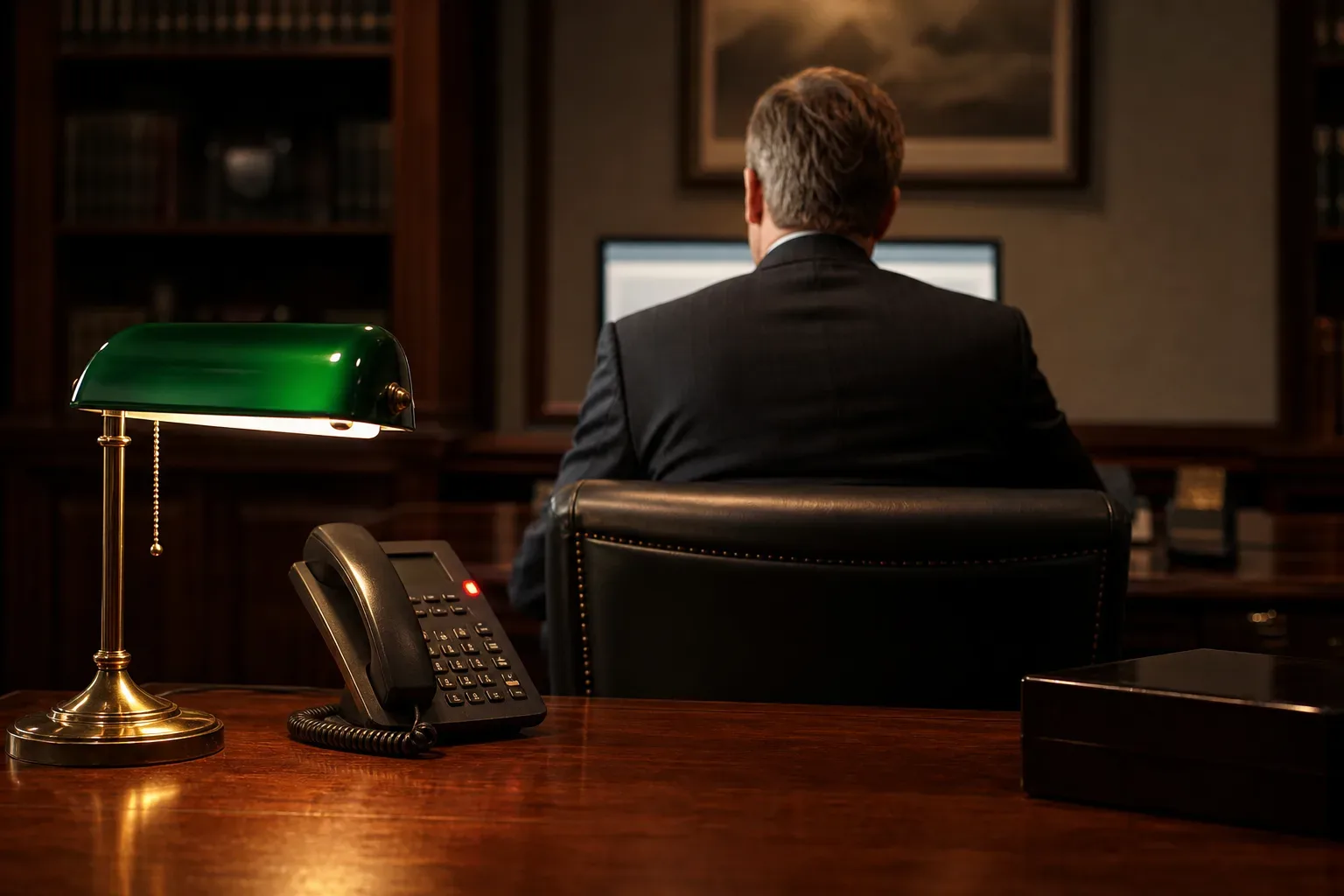 A desk phone with its handset resting in the cradle and a blinking light on the console, a law firm partner seen from behind centred in warm lamp light, the phone on the surface of a heavy timber partner desk in the foreground, the green-shaded lamp casting warm light across the desk surface beside the phone.