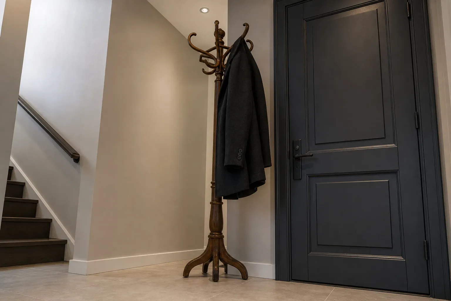A tall wooden coat stand near a firm entrance with a single dark overcoat hanging from it, shot from a low angle looking upward in calm even daylight, no person visible, the coat stand positioned near the closed entrance door.