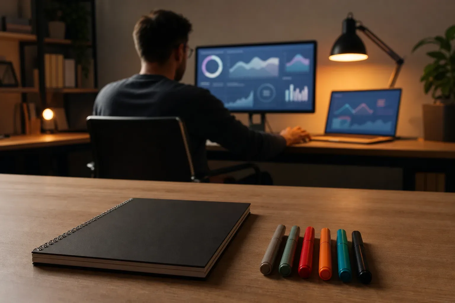 A set of capped markers lined up beside a closed spiral-bound planning pad on a work surface, an SEO specialist seen from behind centred in warm lamp light, the markers and pad in clear focus in the foreground.