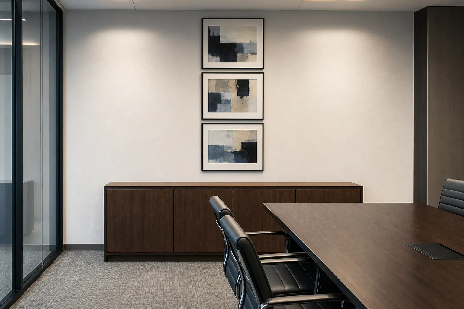 A low timber credenza beneath framed abstract prints in a firm meeting room, shot in a wide view with cool ambient light from above, no person present, the credenza surface clear of objects and the prints arranged in a column above it, the room otherwise bare.